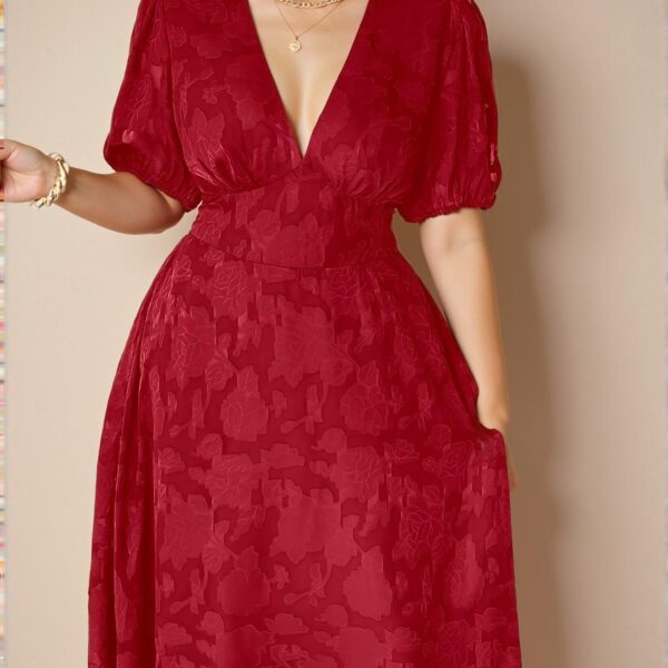 Elegant Red Textured A-Line Dress with V-Neck and Puff Sleeves for Summer Chic, Classy and Trendy Fashion Style to Dress to Impress
