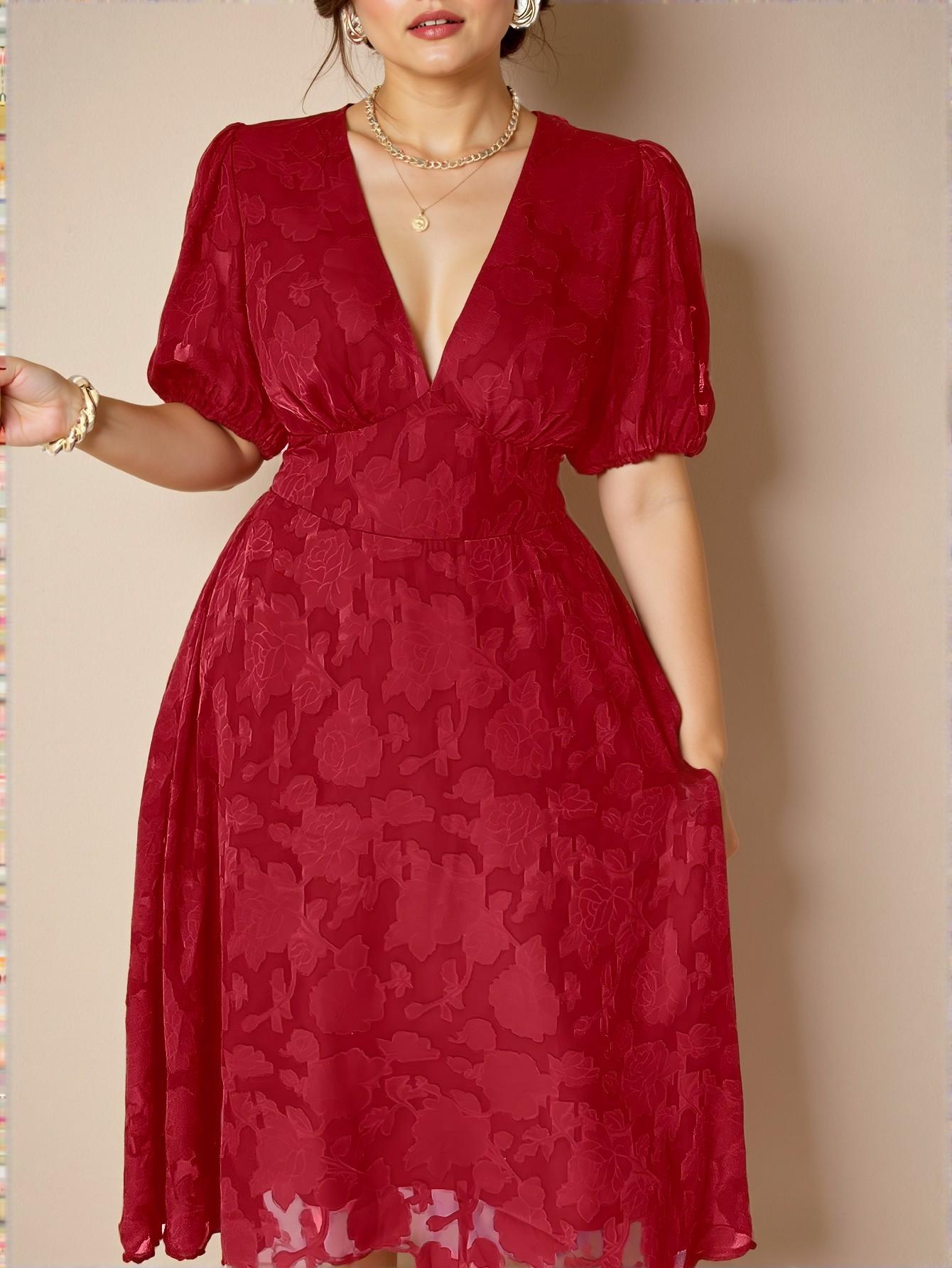 Elegant Red Textured A-Line Dress with V-Neck and Puff Sleeves for Summer Chic, Classy and Trendy Fashion Style to Dress to Impress