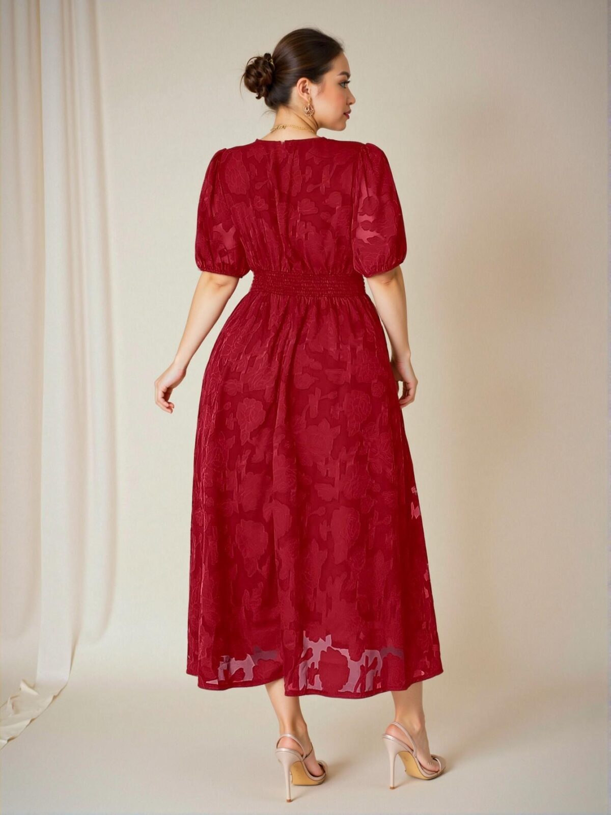 Elegant Red Textured A-Line Dress with V-Neck and Puff Sleeves for Summer Chic, Classy and Trendy Fashion Style to Dress to Impress - Image 2