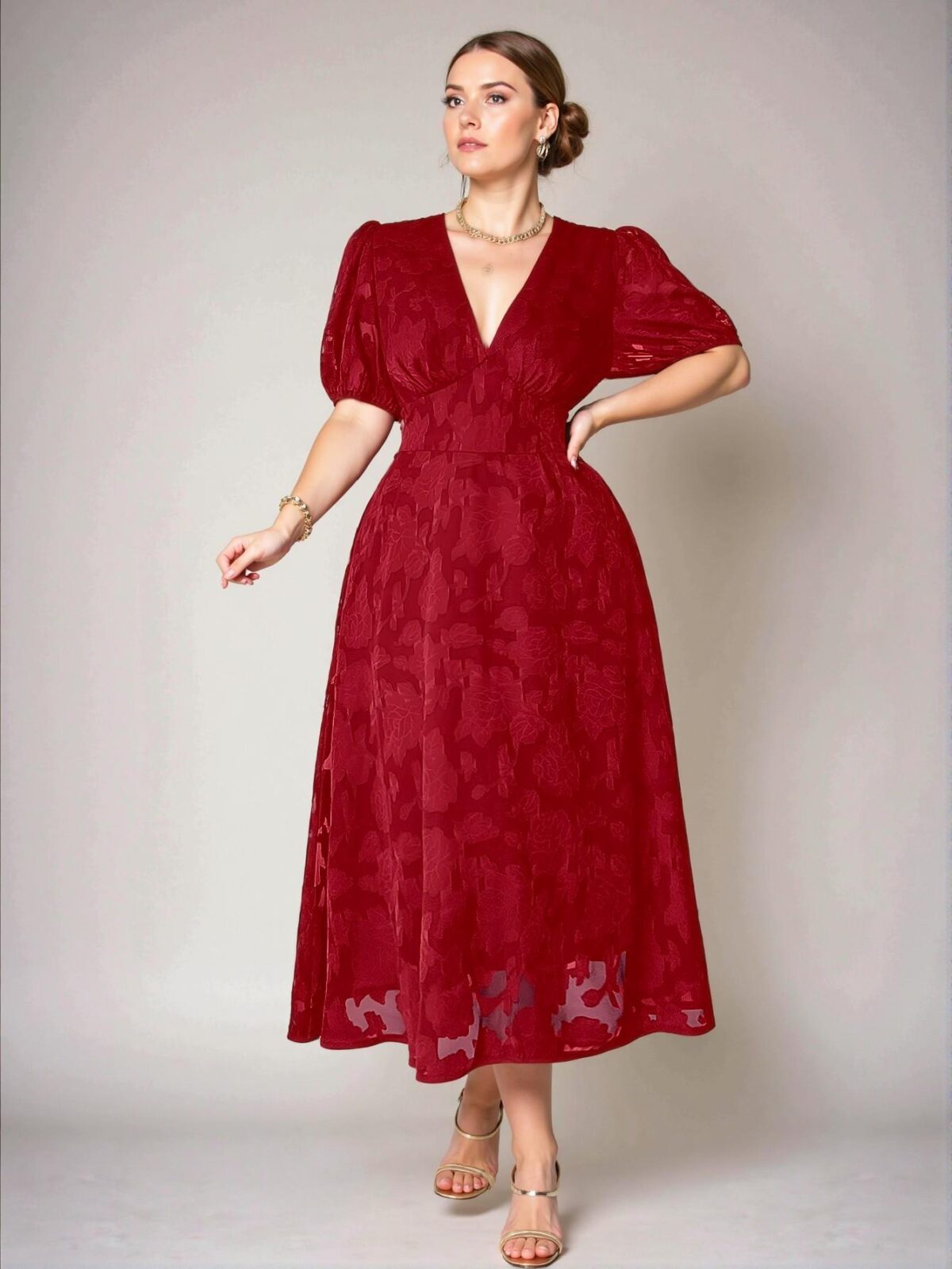 Elegant Red Textured A-Line Dress with V-Neck and Puff Sleeves for Summer Chic, Classy and Trendy Fashion Style to Dress to Impress - Image 3