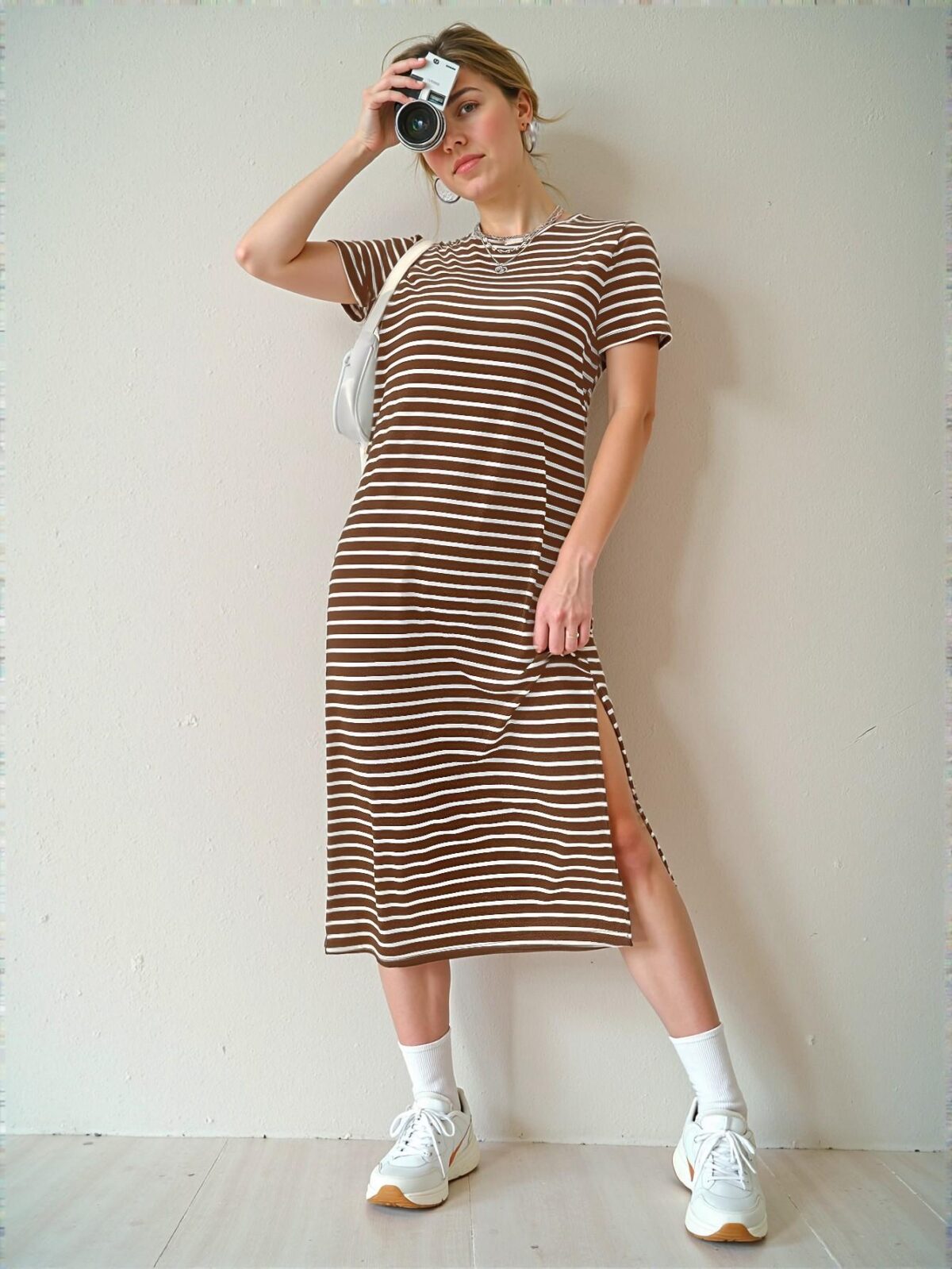 Elegant Coffee Brown Striped Knit Dress with Side Slit for Warm Weather Fashion Chic, Classy and Trendy Style to Dress to Impress