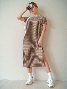 Elegant Coffee Brown Striped Knit Dress with Side Slit for Warm Weather Fashion Chic, Classy and Trendy Style to Dress to Impress