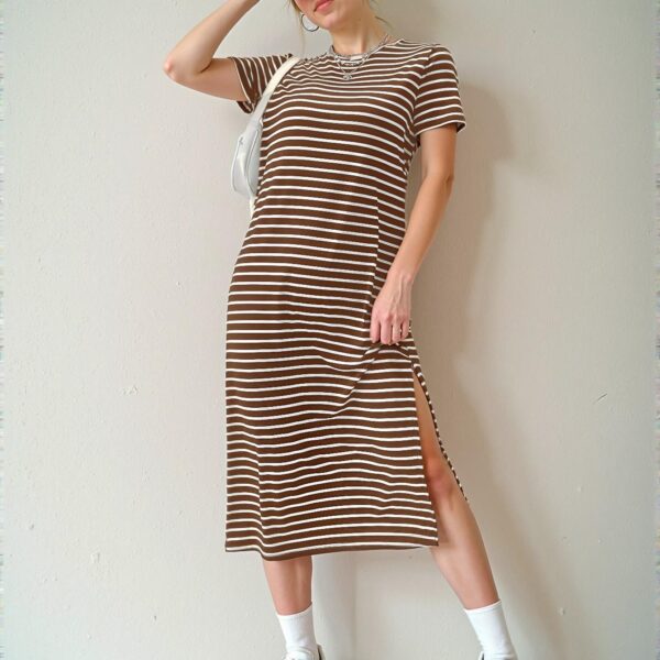 Elegant Coffee Brown Striped Knit Dress with Side Slit for Warm Weather Fashion Chic, Classy and Trendy Style to Dress to Impress