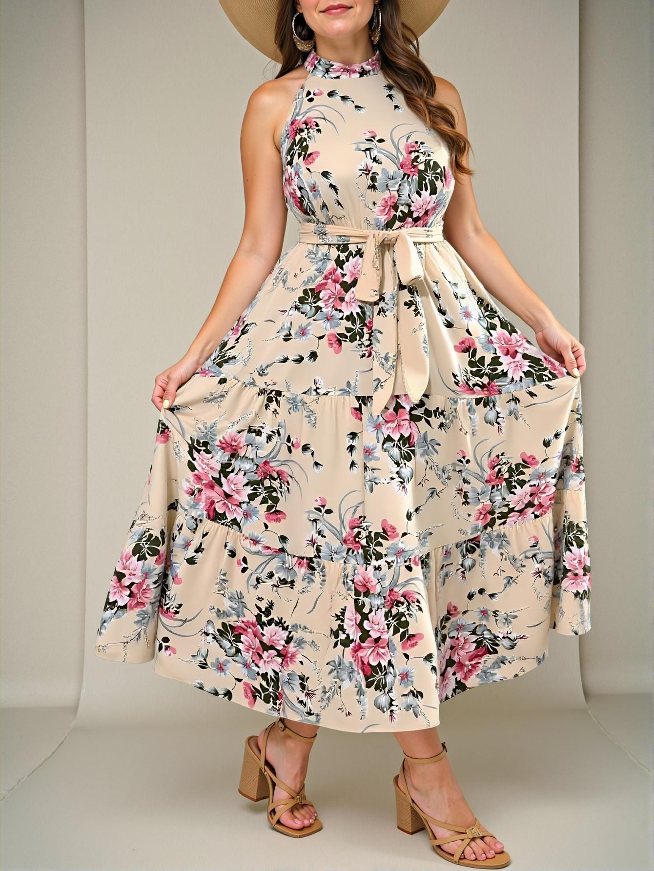 Elegant Apricot Bohemian Cold-Shoulder Belted Floral Maxi Dress with Ruffle Hem for Spring and Summer - Chic, Classy and Trendy Fashion Style to Dress to Impress