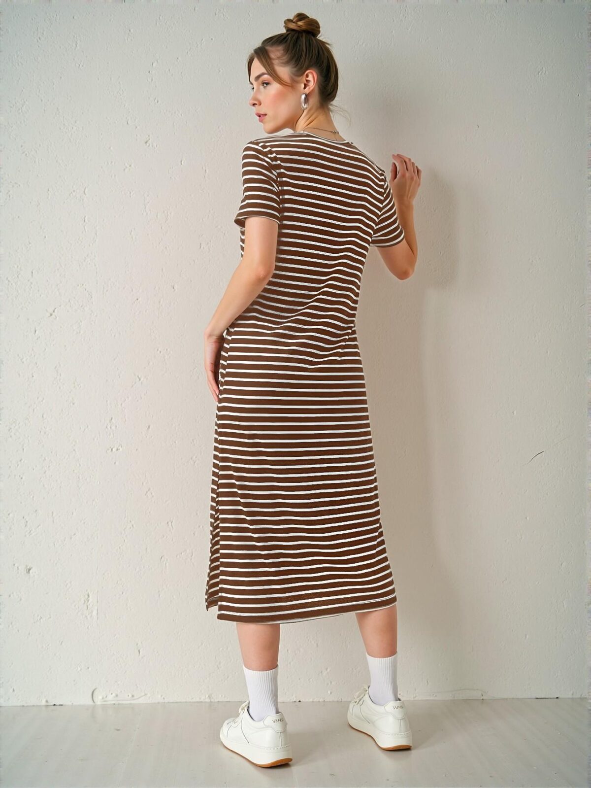 Elegant Coffee Brown Striped Knit Dress with Side Slit for Warm Weather Fashion Chic, Classy and Trendy Style to Dress to Impress - Image 2