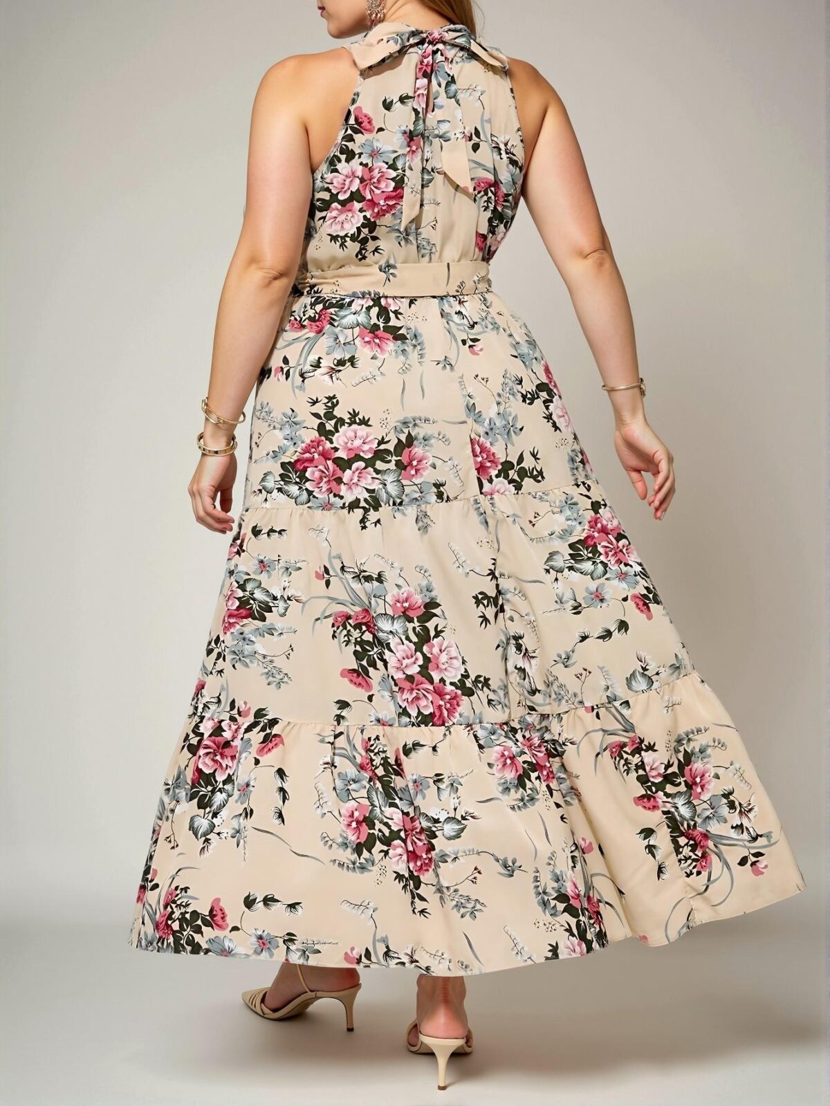 Elegant Apricot Bohemian Cold-Shoulder Belted Floral Maxi Dress with Ruffle Hem for Spring and Summer - Chic, Classy and Trendy Fashion Style to Dress to Impress - Image 2