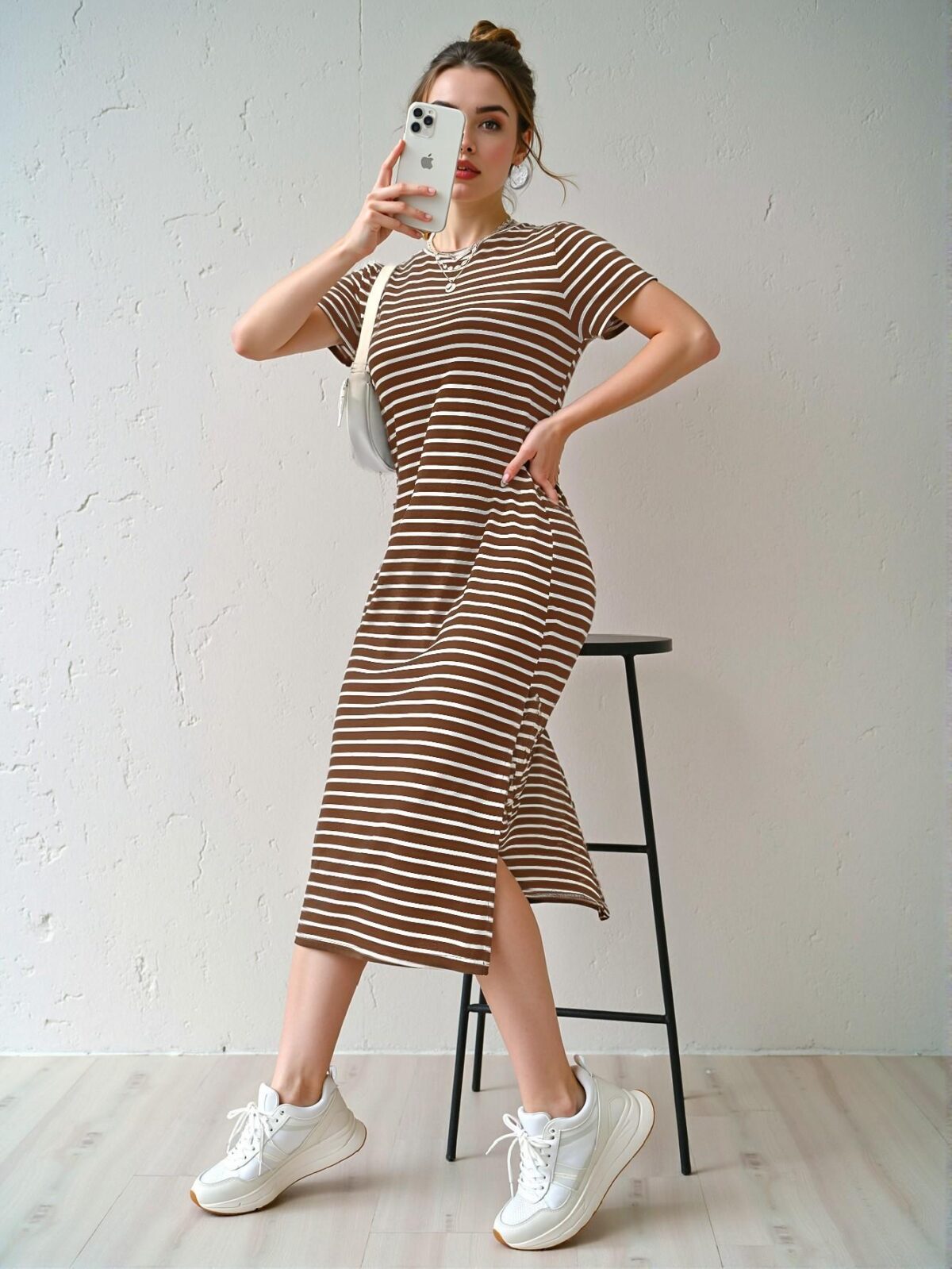 Elegant Coffee Brown Striped Knit Dress with Side Slit for Warm Weather Fashion Chic, Classy and Trendy Style to Dress to Impress - Image 3