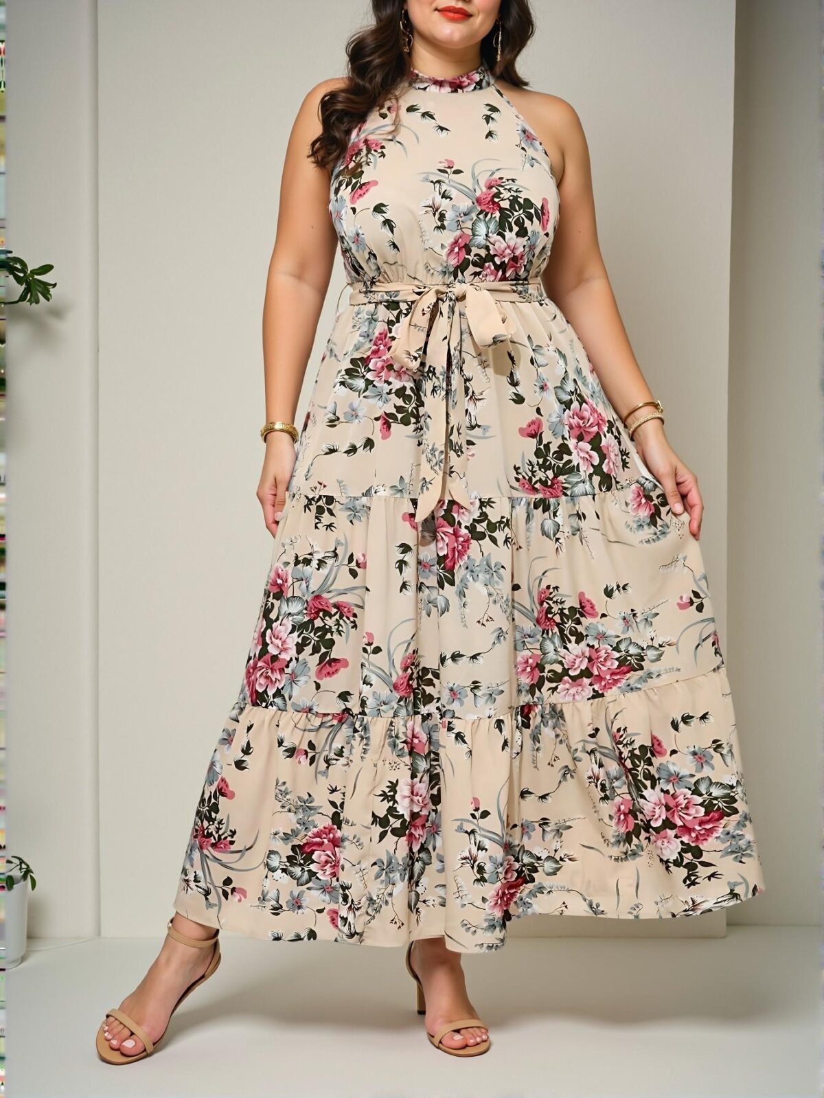 Elegant Apricot Bohemian Cold-Shoulder Belted Floral Maxi Dress with Ruffle Hem for Spring and Summer - Chic, Classy and Trendy Fashion Style to Dress to Impress - Image 4