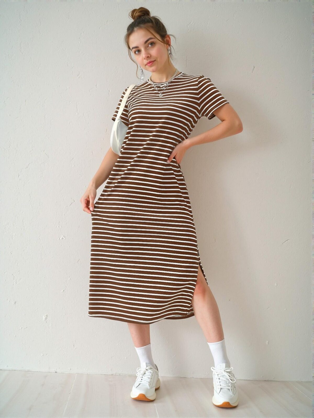 Elegant Coffee Brown Striped Knit Dress with Side Slit for Warm Weather Fashion Chic, Classy and Trendy Style to Dress to Impress - Image 4