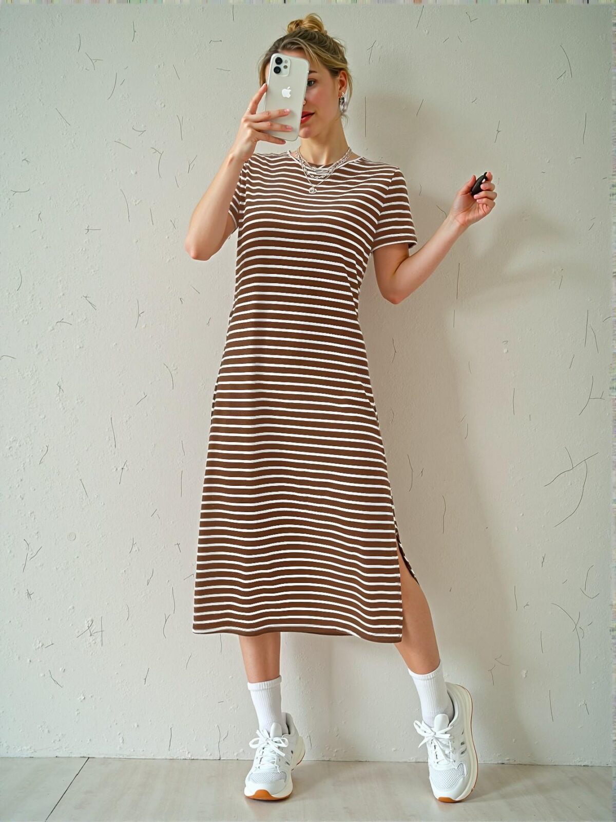 Elegant Coffee Brown Striped Knit Dress with Side Slit for Warm Weather Fashion Chic, Classy and Trendy Style to Dress to Impress - Image 5