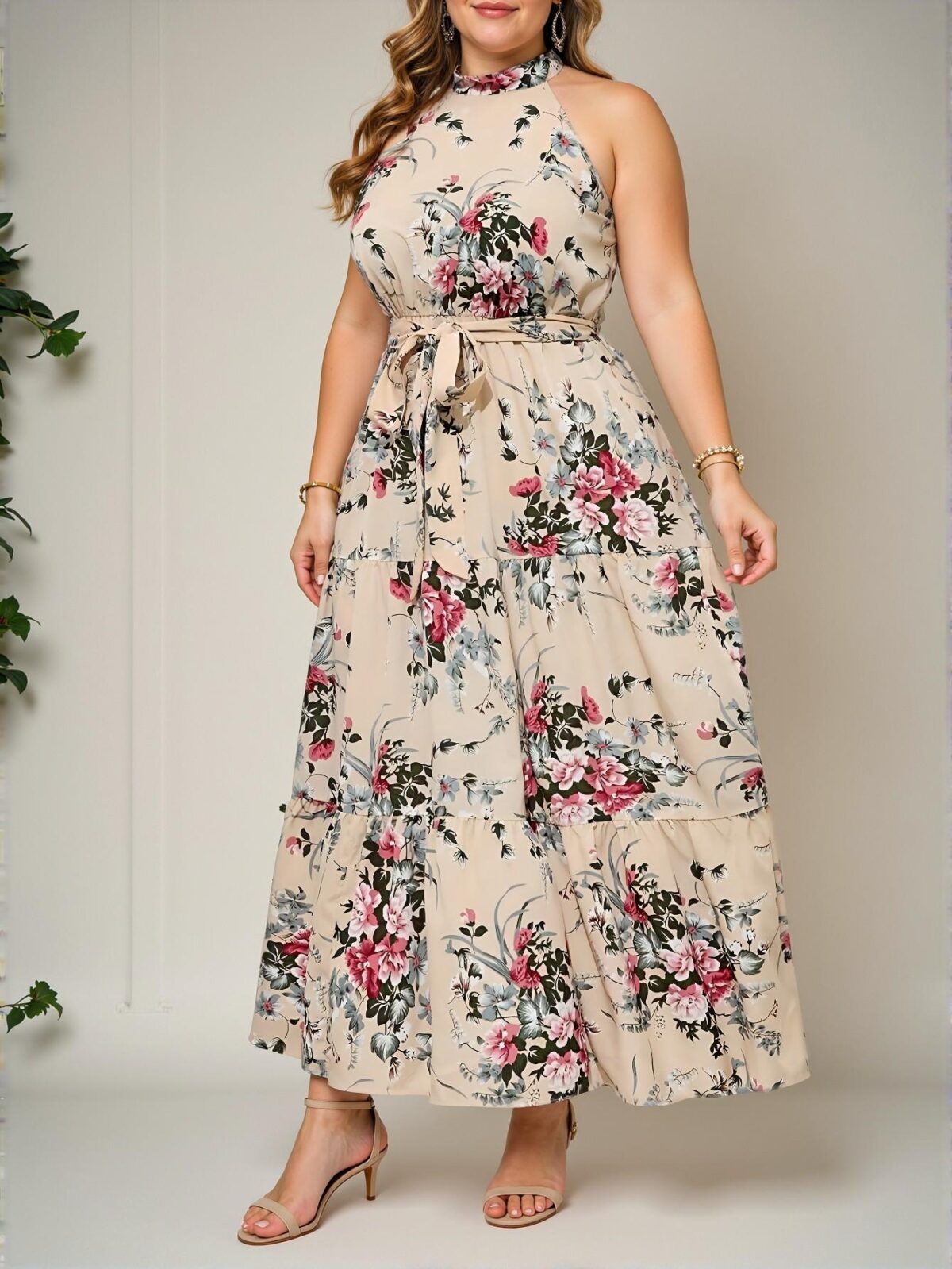 Elegant Apricot Bohemian Cold-Shoulder Belted Floral Maxi Dress with Ruffle Hem for Spring and Summer - Chic, Classy and Trendy Fashion Style to Dress to Impress - Image 5