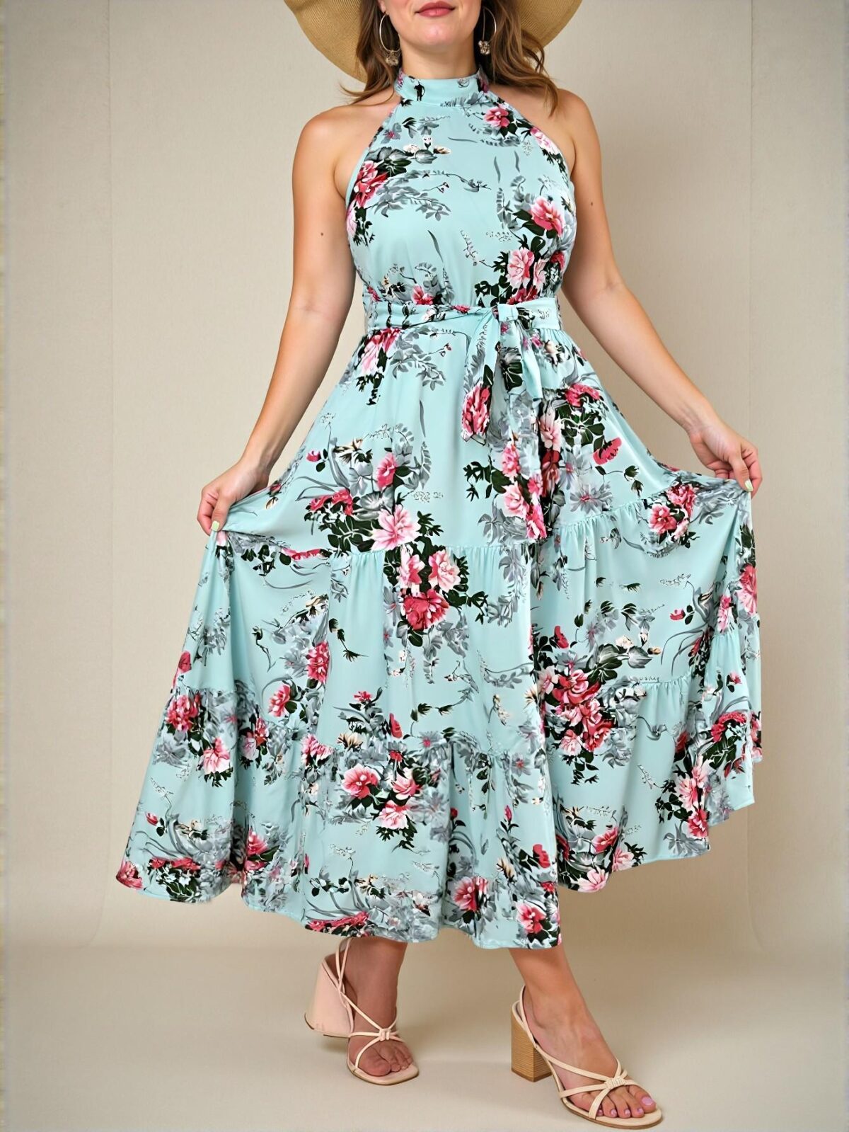 Elegant Blue Plus Size Cold-Shoulder Floral Maxi Dress with Belted Ruffle Hem for Spring and Summer "Chic, Classy and Trendy Fashion Style to Dress to Impress"