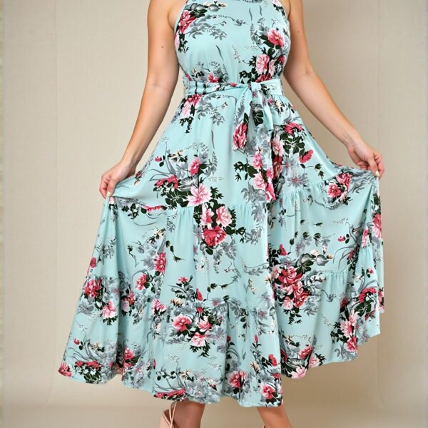 Elegant Blue Plus Size Cold-Shoulder Floral Maxi Dress with Belted Ruffle Hem for Spring and Summer "Chic, Classy and Trendy Fashion Style to Dress to Impress"