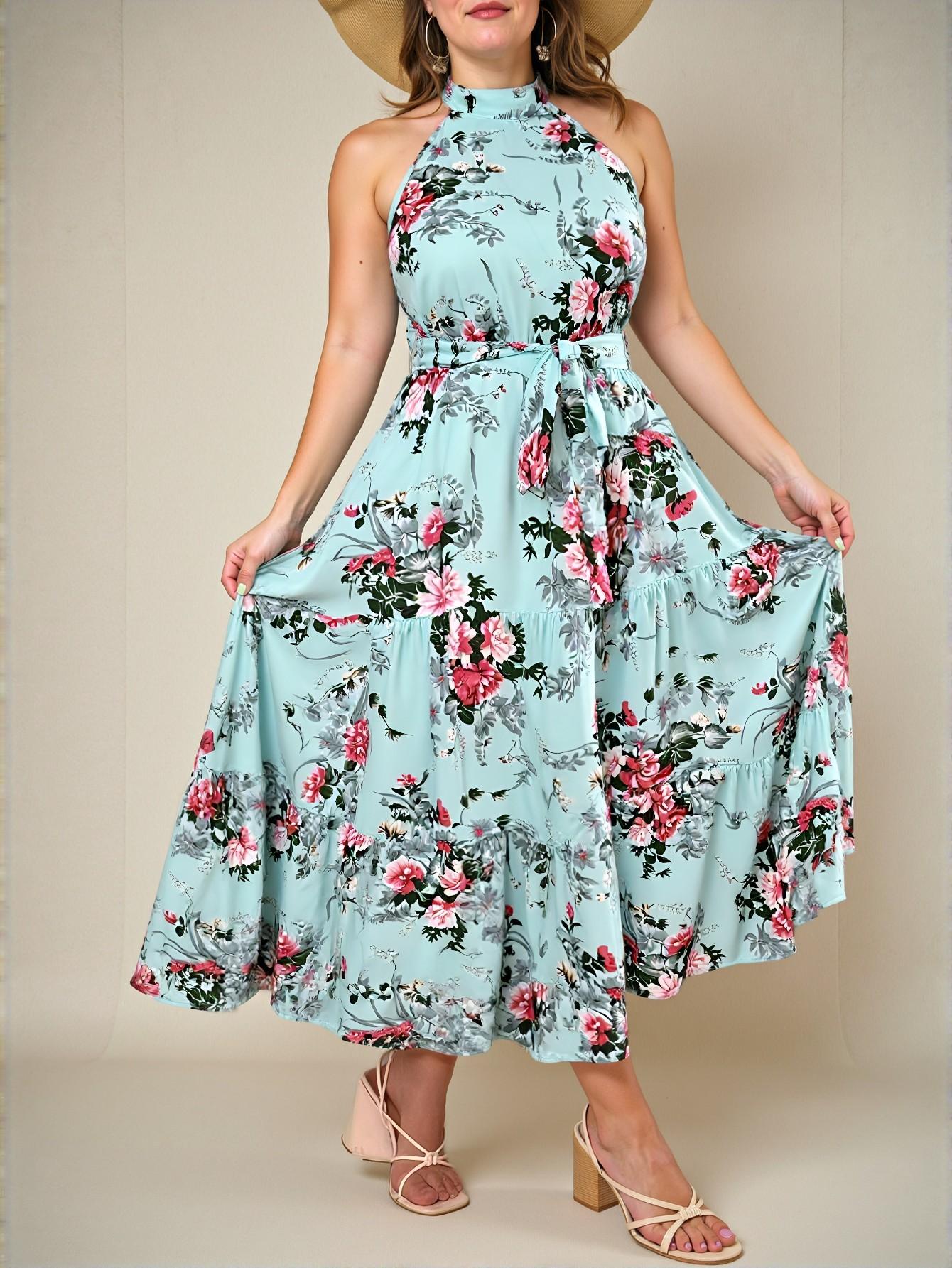 Elegant Blue Plus Size Cold-Shoulder Floral Maxi Dress with Belted Ruffle Hem for Spring and Summer "Chic, Classy and Trendy Fashion Style to Dress to Impress"