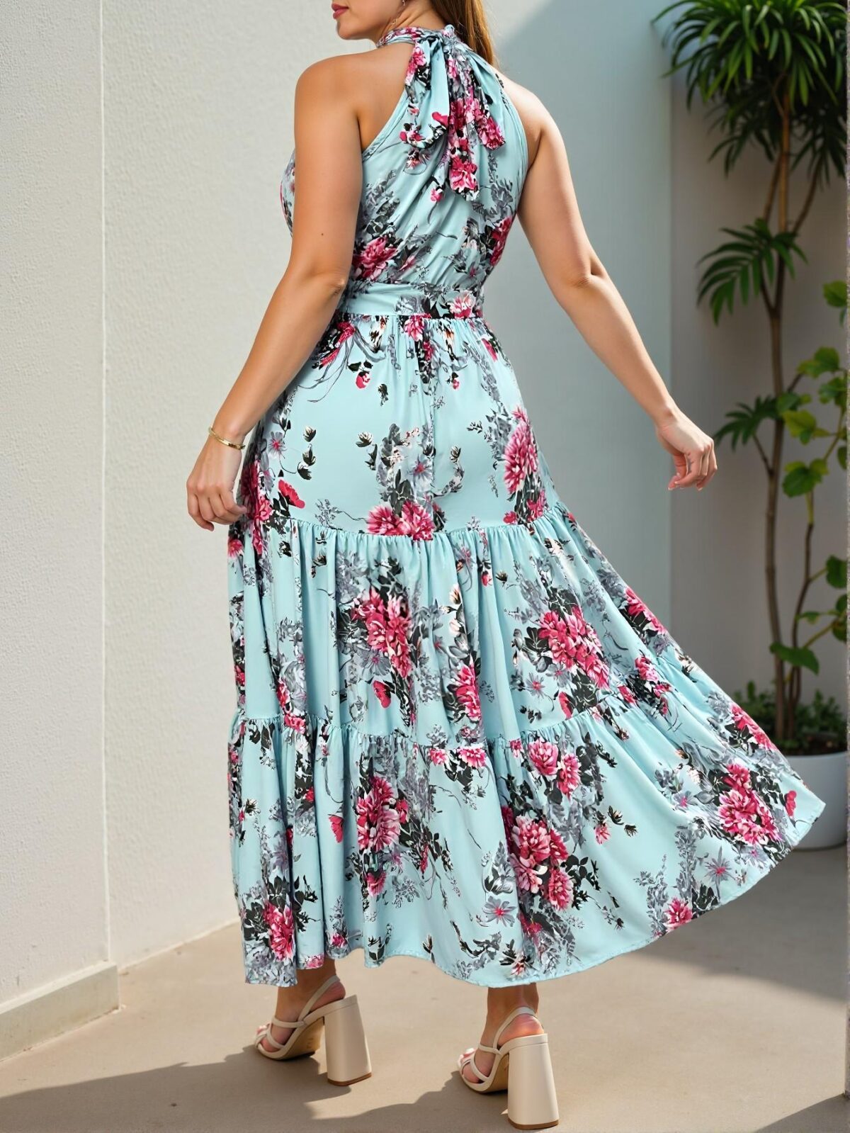 Elegant Blue Plus Size Cold-Shoulder Floral Maxi Dress with Belted Ruffle Hem for Spring and Summer "Chic, Classy and Trendy Fashion Style to Dress to Impress" - Image 2