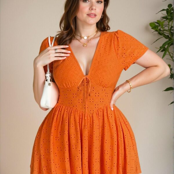 Elegant Burnt Orange Stylish Plus Size Hollow Textured V-Neck Tied Mini Dress with Puff Sleeves and High Waist A-Line Design, Perfect for Everyday Wear and Getaways in Spring and Summer – Chic, Classy and Trendy Fashion Style to Dress to Impress