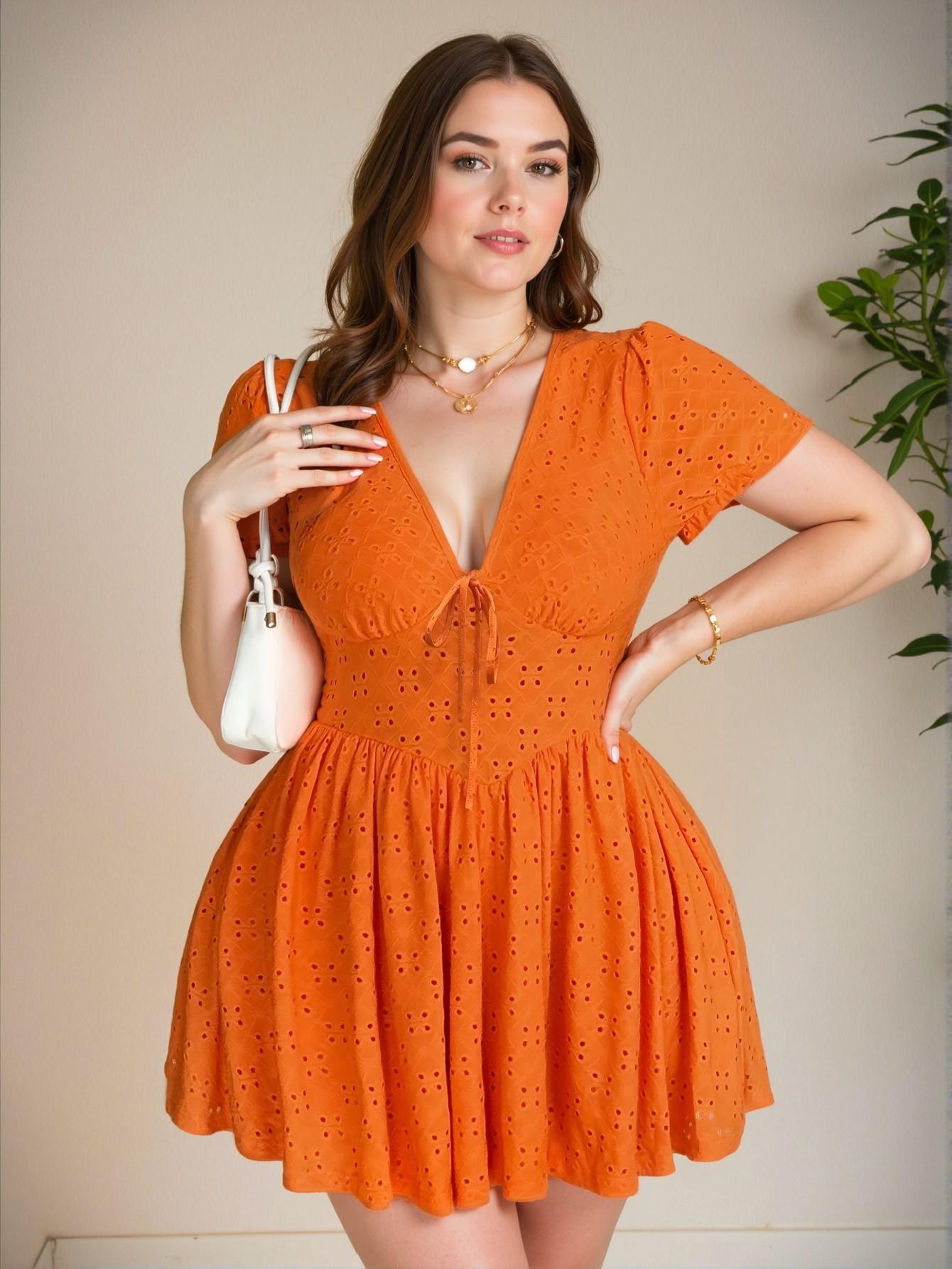 Elegant Burnt Orange Stylish Plus Size Hollow Textured V-Neck Tied Mini Dress with Puff Sleeves and High Waist A-Line Design, Perfect for Everyday Wear and Getaways in Spring and Summer – Chic, Classy and Trendy Fashion Style to Dress to Impress