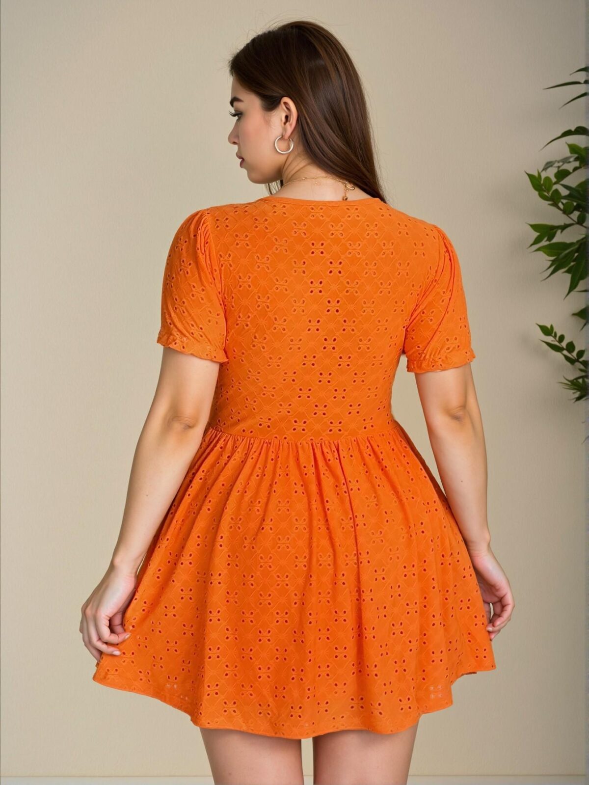 Elegant Burnt Orange Stylish Plus Size Hollow Textured V-Neck Tied Mini Dress with Puff Sleeves and High Waist A-Line Design, Perfect for Everyday Wear and Getaways in Spring and Summer – Chic, Classy and Trendy Fashion Style to Dress to Impress - Image 3