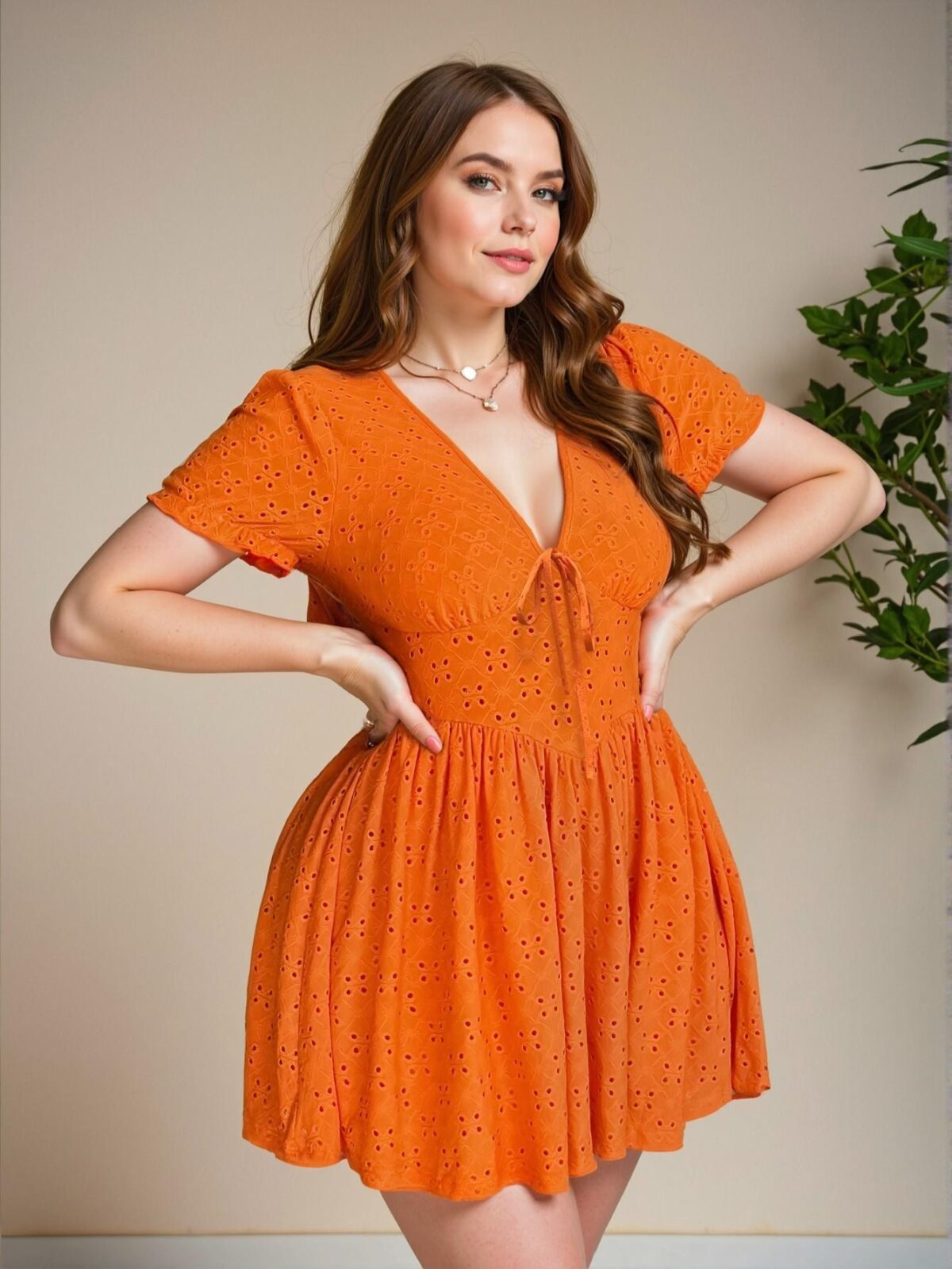 Elegant Burnt Orange Stylish Plus Size Hollow Textured V-Neck Tied Mini Dress with Puff Sleeves and High Waist A-Line Design, Perfect for Everyday Wear and Getaways in Spring and Summer – Chic, Classy and Trendy Fashion Style to Dress to Impress - Image 5