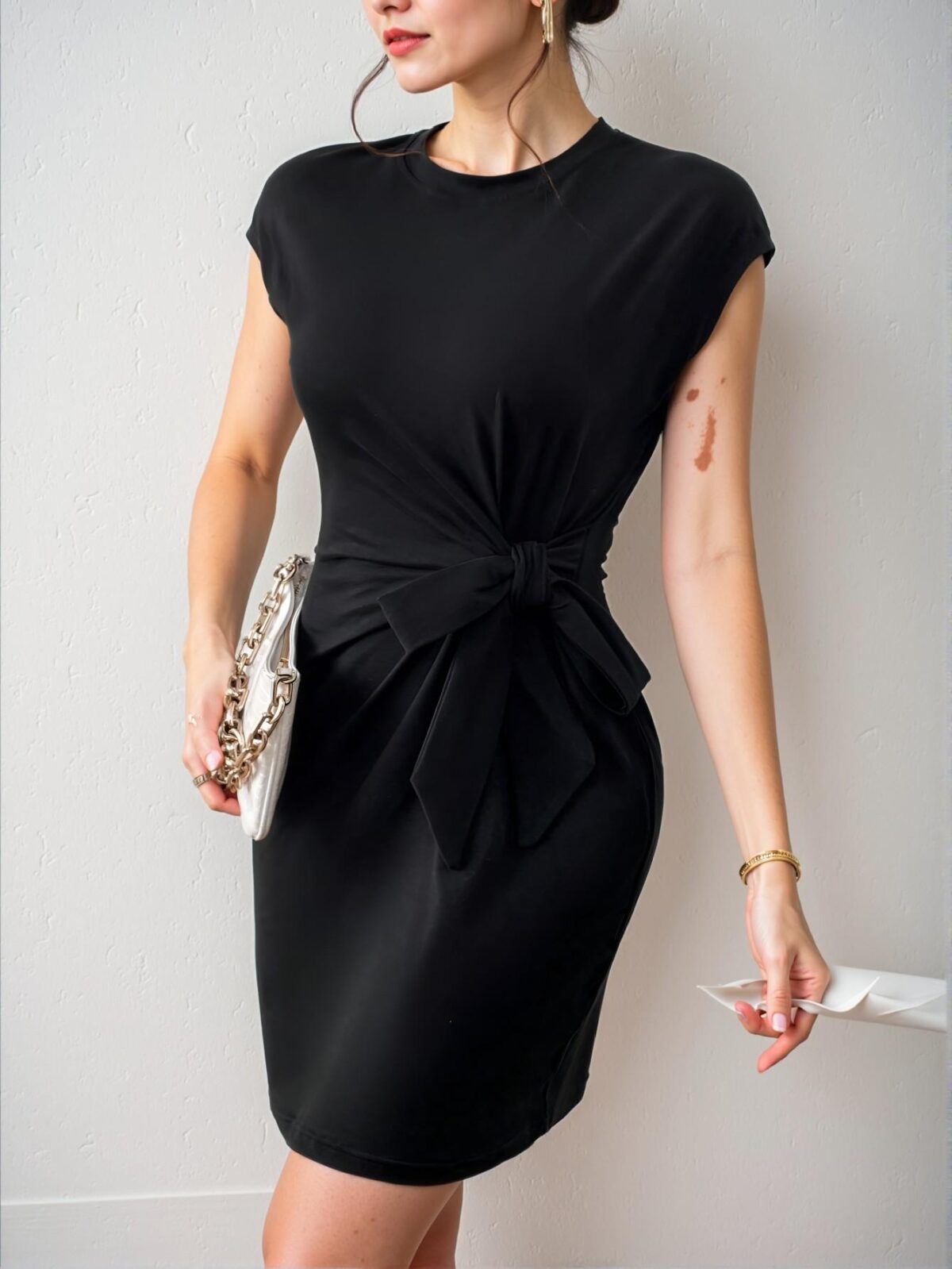 Elegant Black Side Knot Batwing Sleeve Bodycon Dress for Spring and Summer - Chic, Classy and Trendy Fashion Style to Dress to Impress - Image 5