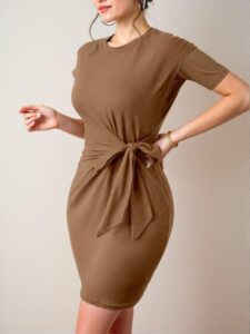 Elegant Brown Tie Front Batwing Sleeve Bodycon Dress for Warm Days and Events - Chic, Classy and Trendy Fashion Style to Dress to Impress