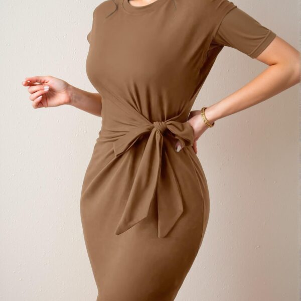 Elegant Brown Tie Front Batwing Sleeve Bodycon Dress for Warm Days and Events - Chic, Classy and Trendy Fashion Style to Dress to Impress