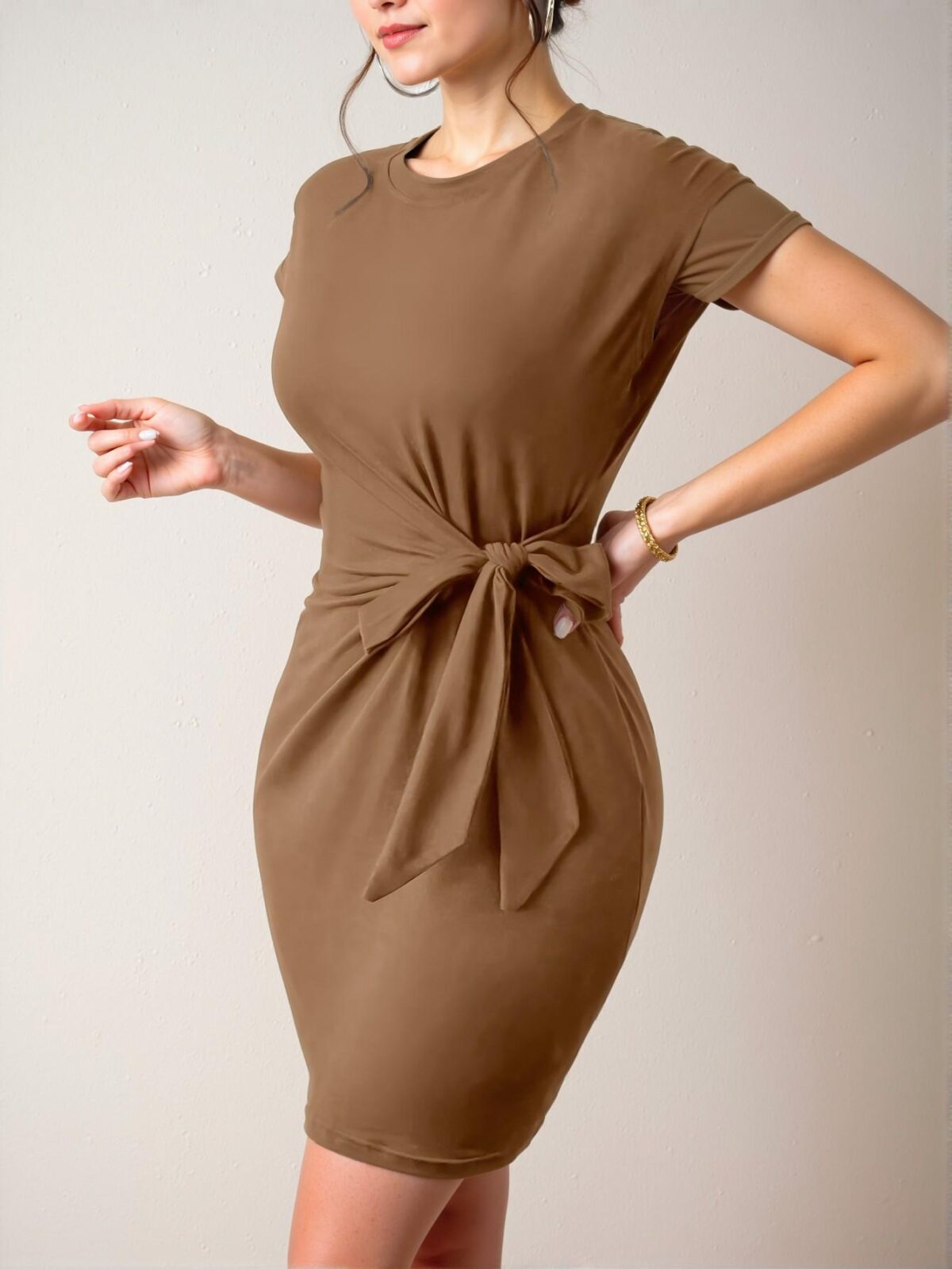 Elegant Brown Tie Front Batwing Sleeve Bodycon Dress for Warm Days and Events - Chic, Classy and Trendy Fashion Style to Dress to Impress - Image 3