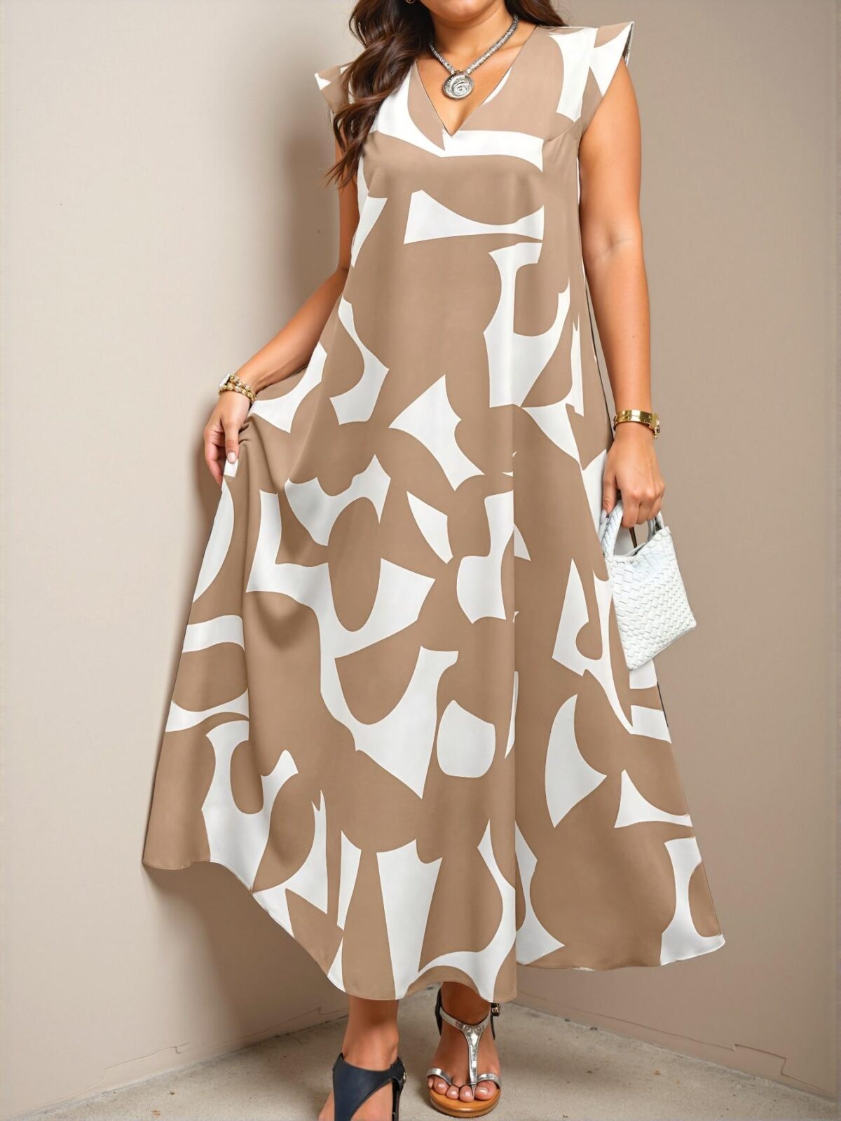 Elegant Multicolor Stylish Plus Size V-Neck Capped Sleeve Summer Dress Perfect for Warm Seasons - Chic, Classy and Trendy Fashion Style to Dress to Impress - Image 3