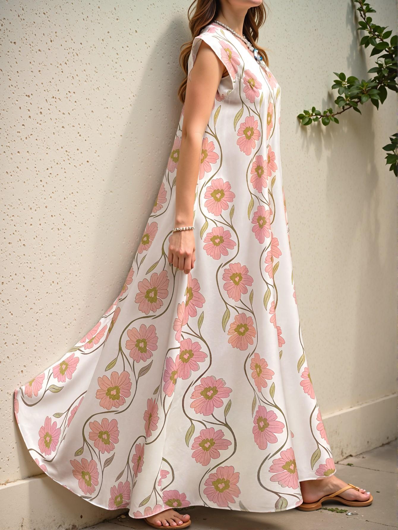 Elegant Multicolor Bohemian Plus Size V-Neck Ruffle Sleeve Midi Dress with Tropical Colorblock Floral Print for Spring and Summer "Chic, Classy and Trendy Fashion Style to Dress to Impress"