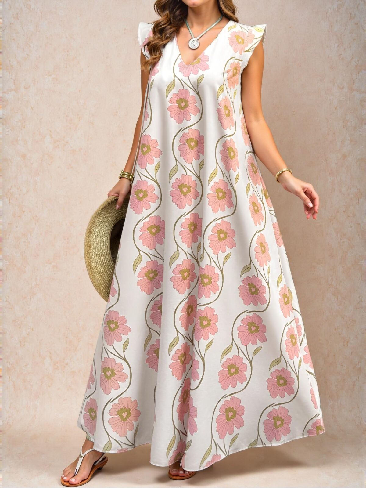 Elegant Multicolor Bohemian Plus Size V-Neck Ruffle Sleeve Midi Dress with Tropical Colorblock Floral Print for Spring and Summer "Chic, Classy and Trendy Fashion Style to Dress to Impress" - Image 3