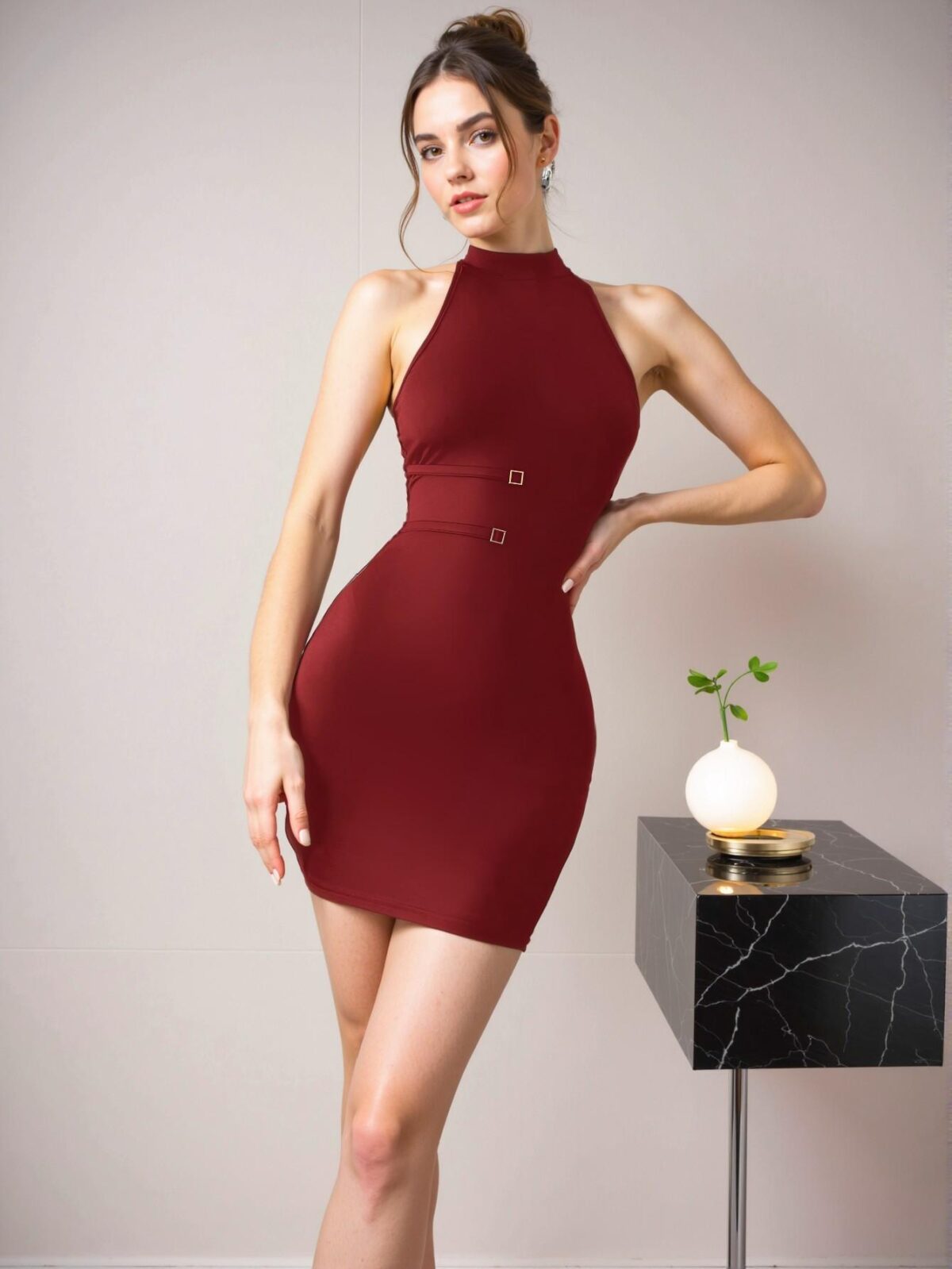 Elegant Burgundy Chic Deep V-Neck Metal Buckle Cinched Waist Bodycon Mini Dress Perfect for Parties and Evenings "Chic, Classy and Trendy Fashion Style to Dress to Impress" - Image 5