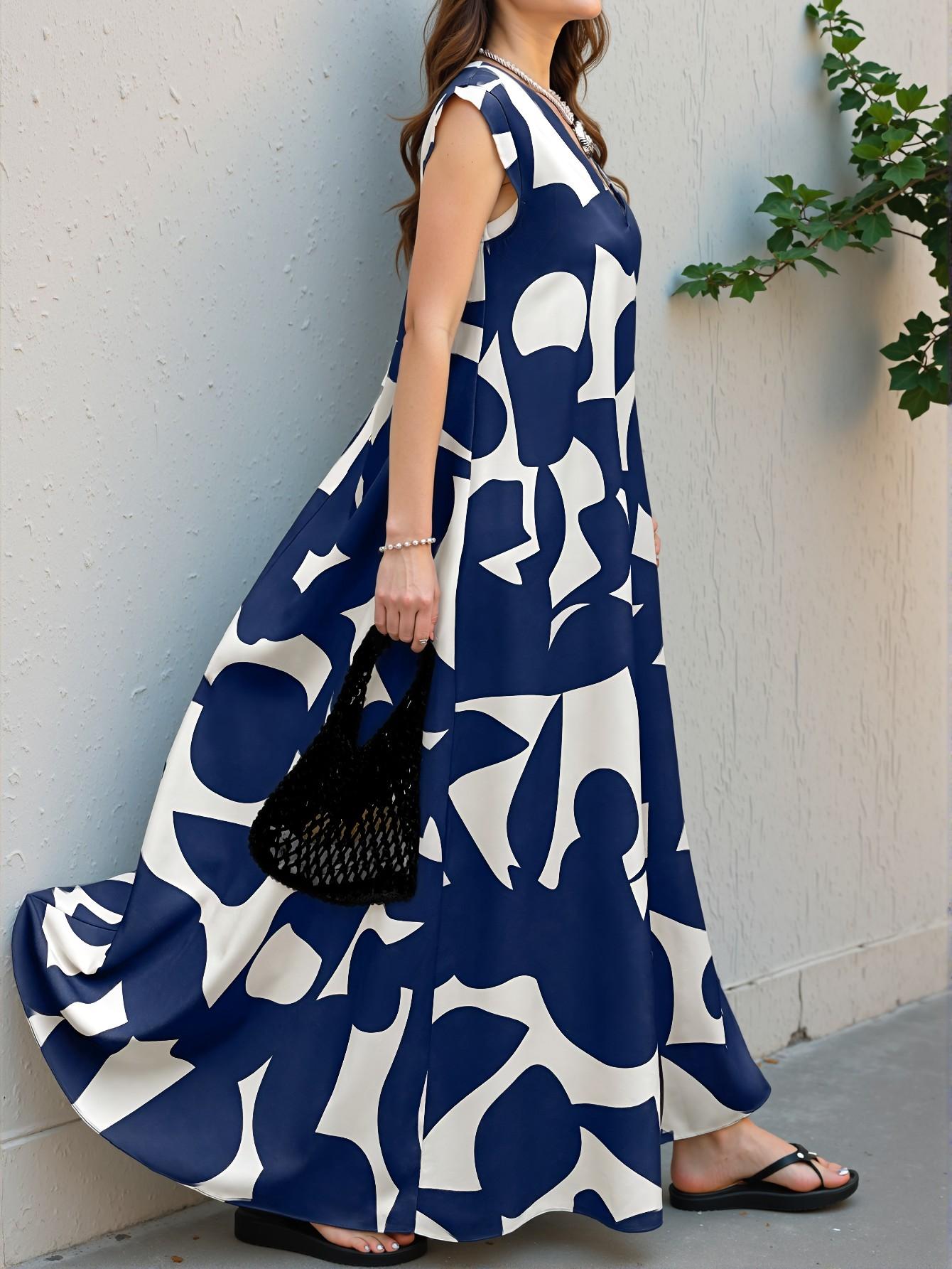 Elegant Multicolor Stylish Plus Size V-Neck Sleeveless Casual Vacation Midi Dress with Flared Hem and Ruffle Details - Chic, Classy and Trendy Fashion Style to Dress to Impress