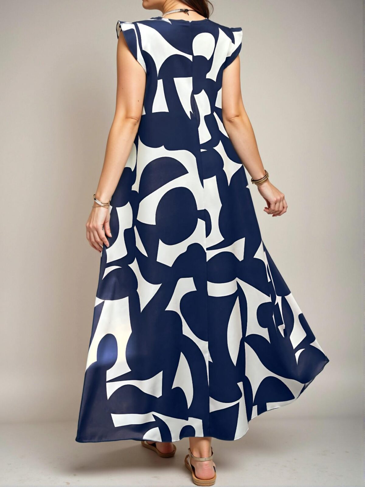 Elegant Multicolor Stylish Plus Size V-Neck Sleeveless Casual Vacation Midi Dress with Flared Hem and Ruffle Details - Chic, Classy and Trendy Fashion Style to Dress to Impress - Image 2