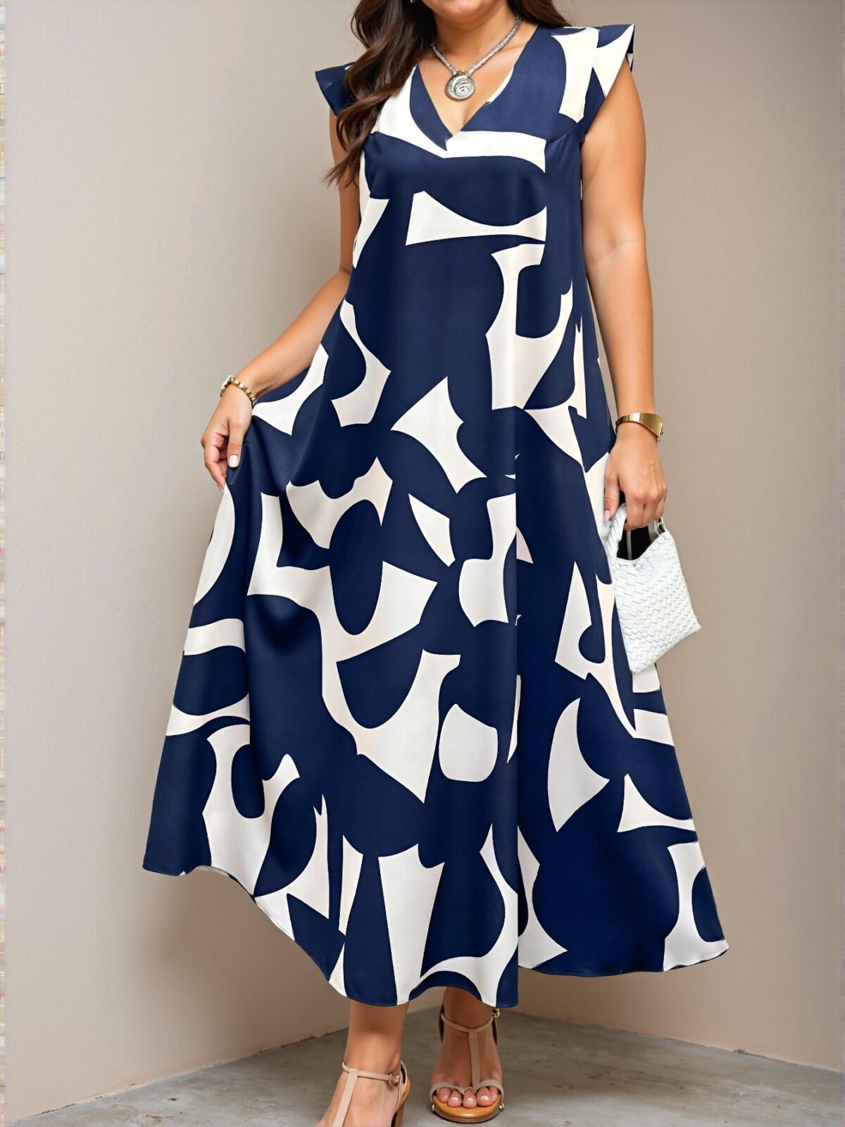 Elegant Multicolor Stylish Plus Size V-Neck Sleeveless Casual Vacation Midi Dress with Flared Hem and Ruffle Details - Chic, Classy and Trendy Fashion Style to Dress to Impress - Image 3