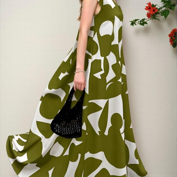 Elegant Army Green Flared V-Neck Dress with Random Geometric Print for Spring and Summer - Chic, Classy and Trendy Fashion Style to Dress to Impress