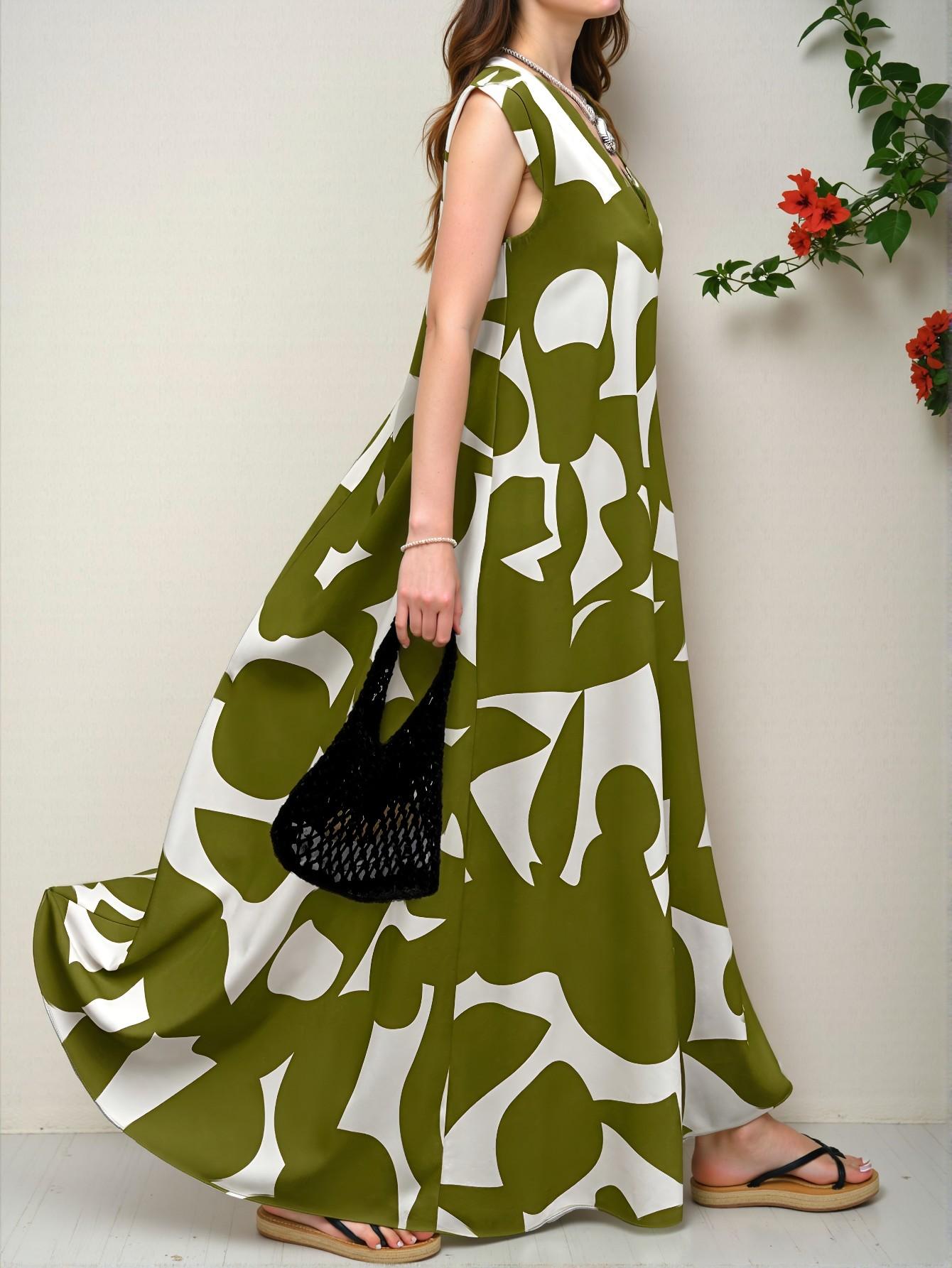 Elegant Army Green Flared V-Neck Dress with Random Geometric Print for Spring and Summer - Chic, Classy and Trendy Fashion Style to Dress to Impress