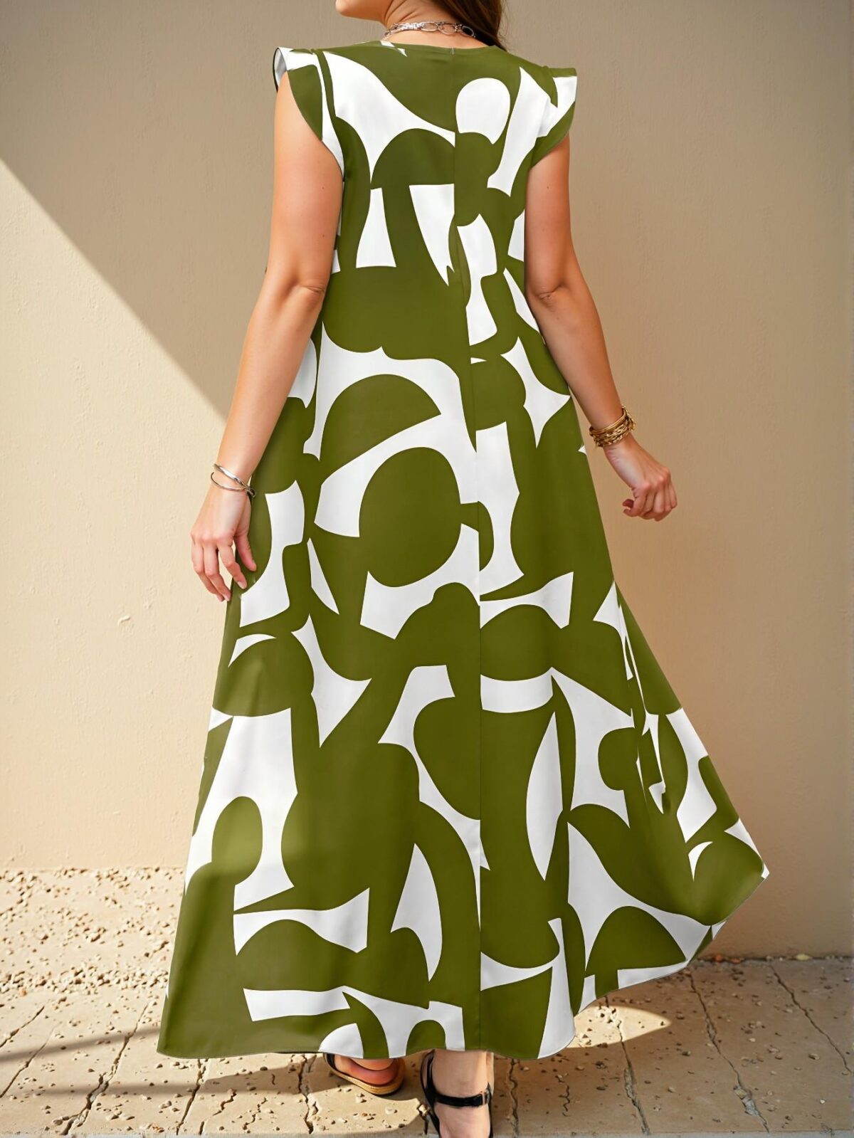 Elegant Army Green Flared V-Neck Dress with Random Geometric Print for Spring and Summer - Chic, Classy and Trendy Fashion Style to Dress to Impress - Image 2