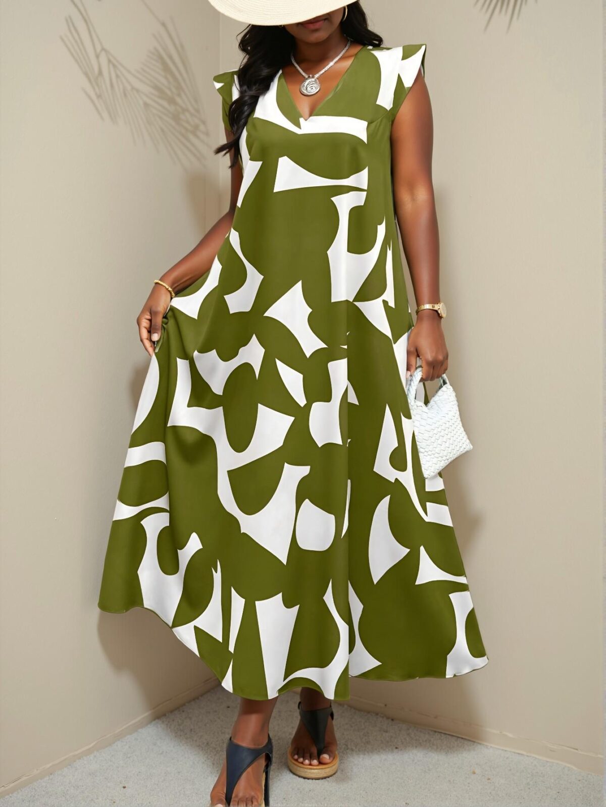 Elegant Army Green Flared V-Neck Dress with Random Geometric Print for Spring and Summer - Chic, Classy and Trendy Fashion Style to Dress to Impress - Image 3