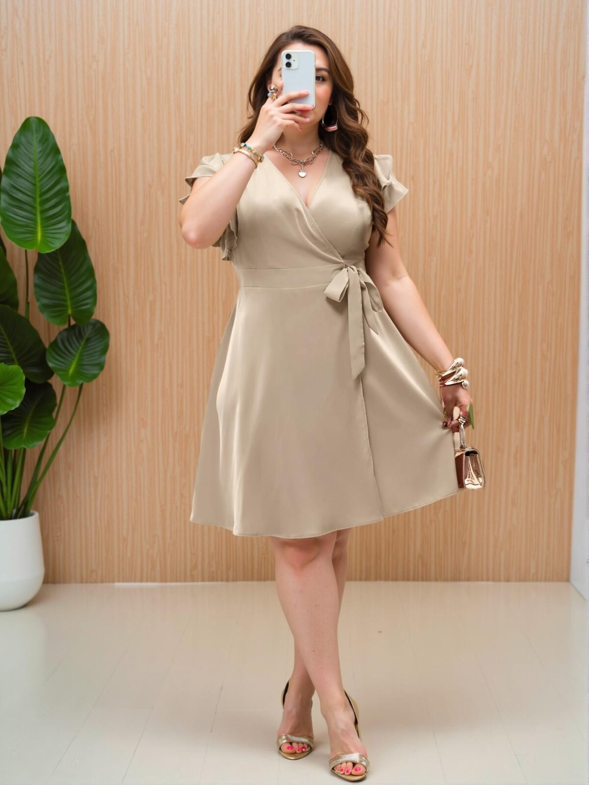 Elegant Khaki Charming Double Ruffle Tie Waist A-Line Dress Perfect for Spring and Summer Vacations - Chic, Classy and Trendy Fashion Style to Dress to Impress - Image 3
