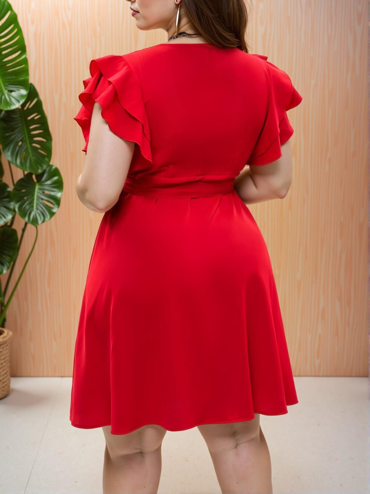 Elegant Red Flared A-Line Ruffle Wrap-Style Dress with Tied Side Waist for Your Spring and Summer Getaways - Chic, Classy and Trendy Fashion Style to Dress to Impress - Image 2