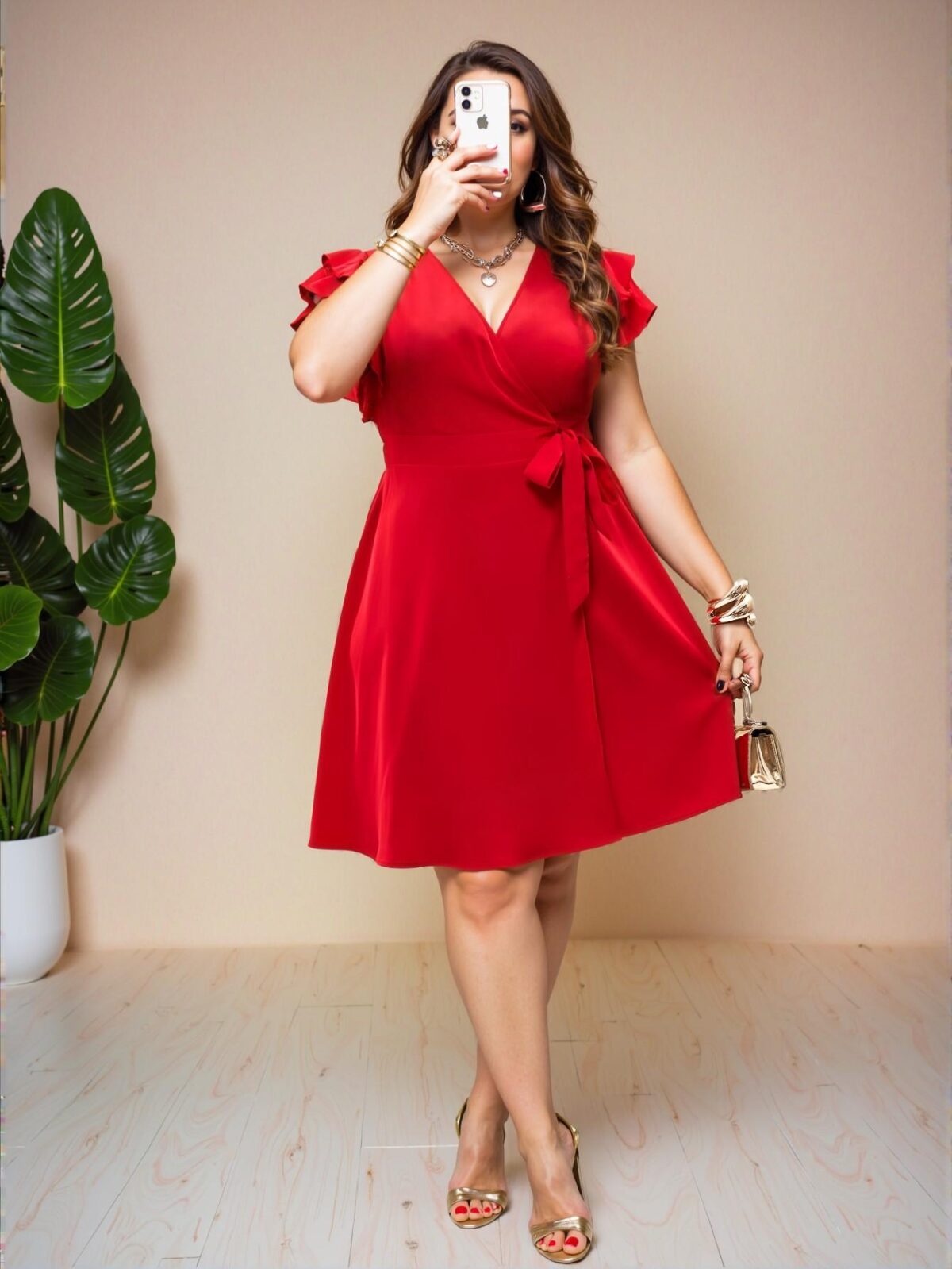 Elegant Red Flared A-Line Ruffle Wrap-Style Dress with Tied Side Waist for Your Spring and Summer Getaways - Chic, Classy and Trendy Fashion Style to Dress to Impress - Image 3