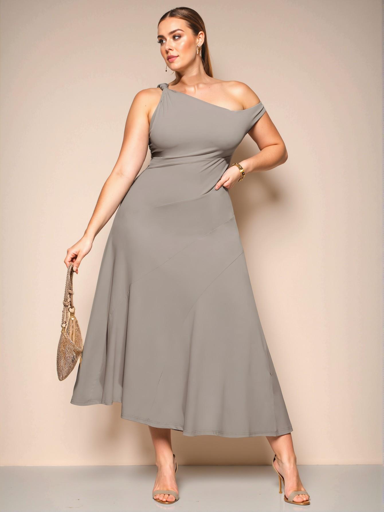Elegant Grey Asymmetrical One Shoulder Twisted Midi Dress for Graduation and Summer Events - Chic, Classy and Trendy Fashion Style to Dress to Impress
