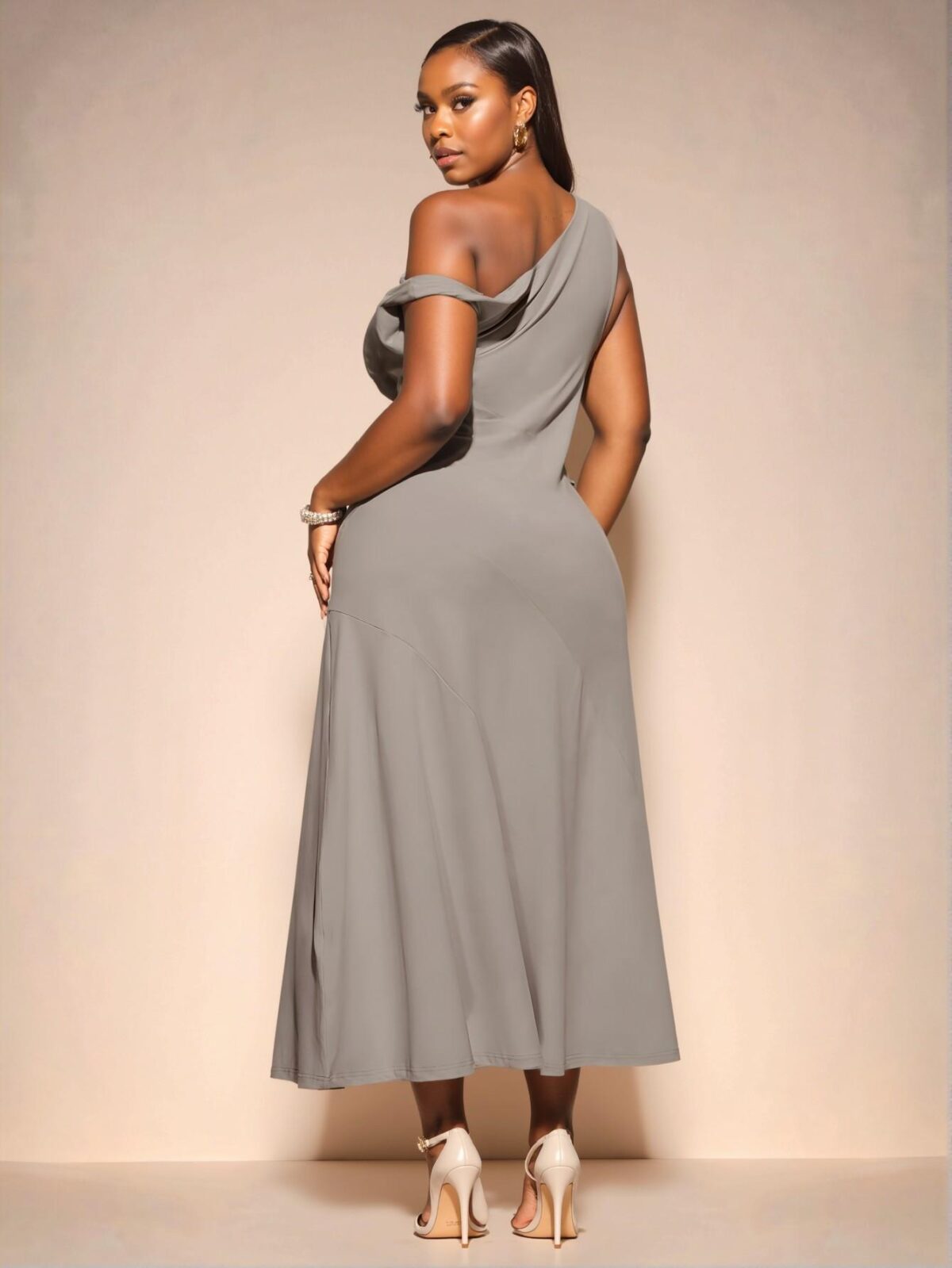 Elegant Grey Asymmetrical One Shoulder Twisted Midi Dress for Graduation and Summer Events - Chic, Classy and Trendy Fashion Style to Dress to Impress - Image 2