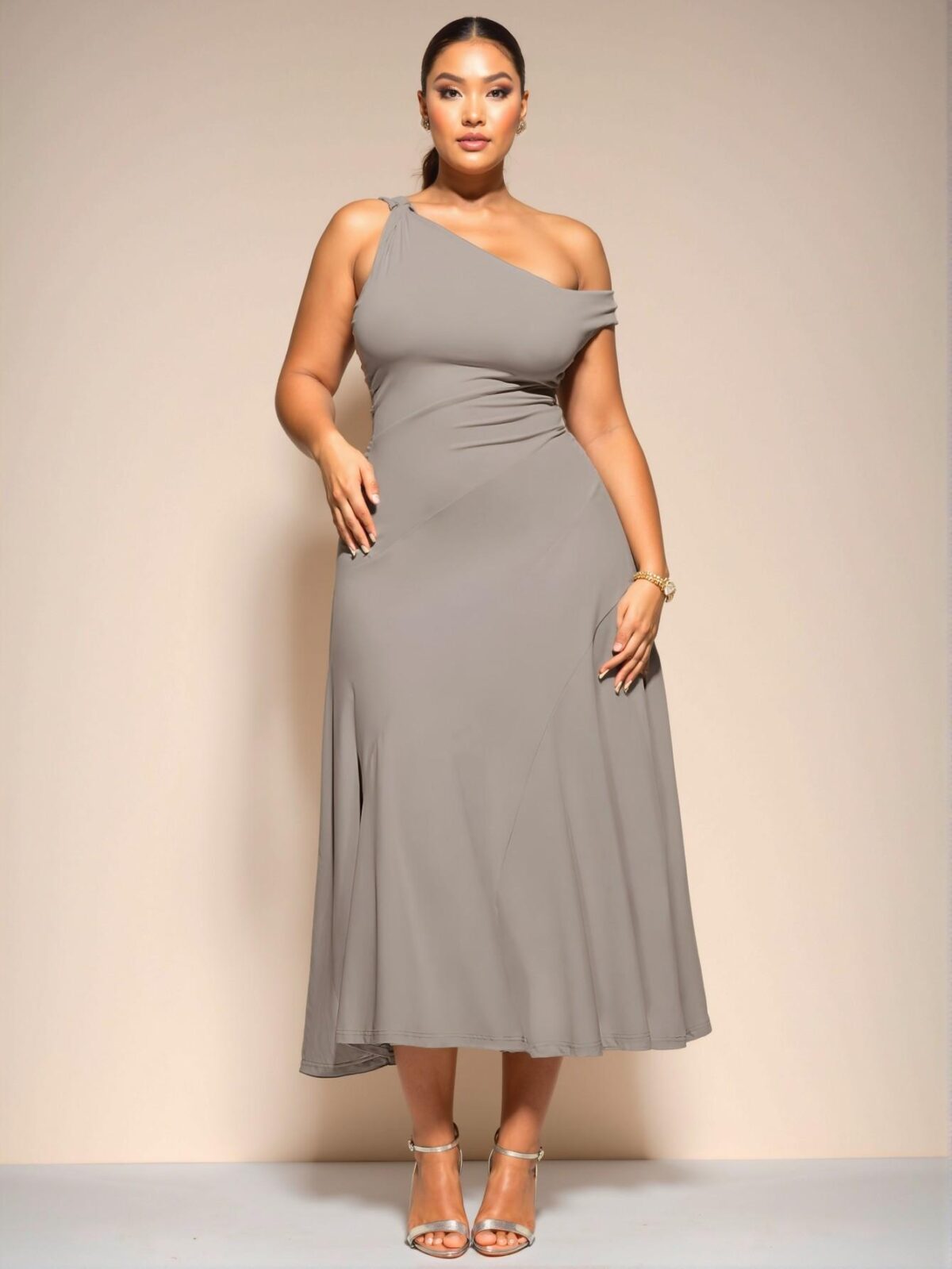 Elegant Grey Asymmetrical One Shoulder Twisted Midi Dress for Graduation and Summer Events - Chic, Classy and Trendy Fashion Style to Dress to Impress - Image 3