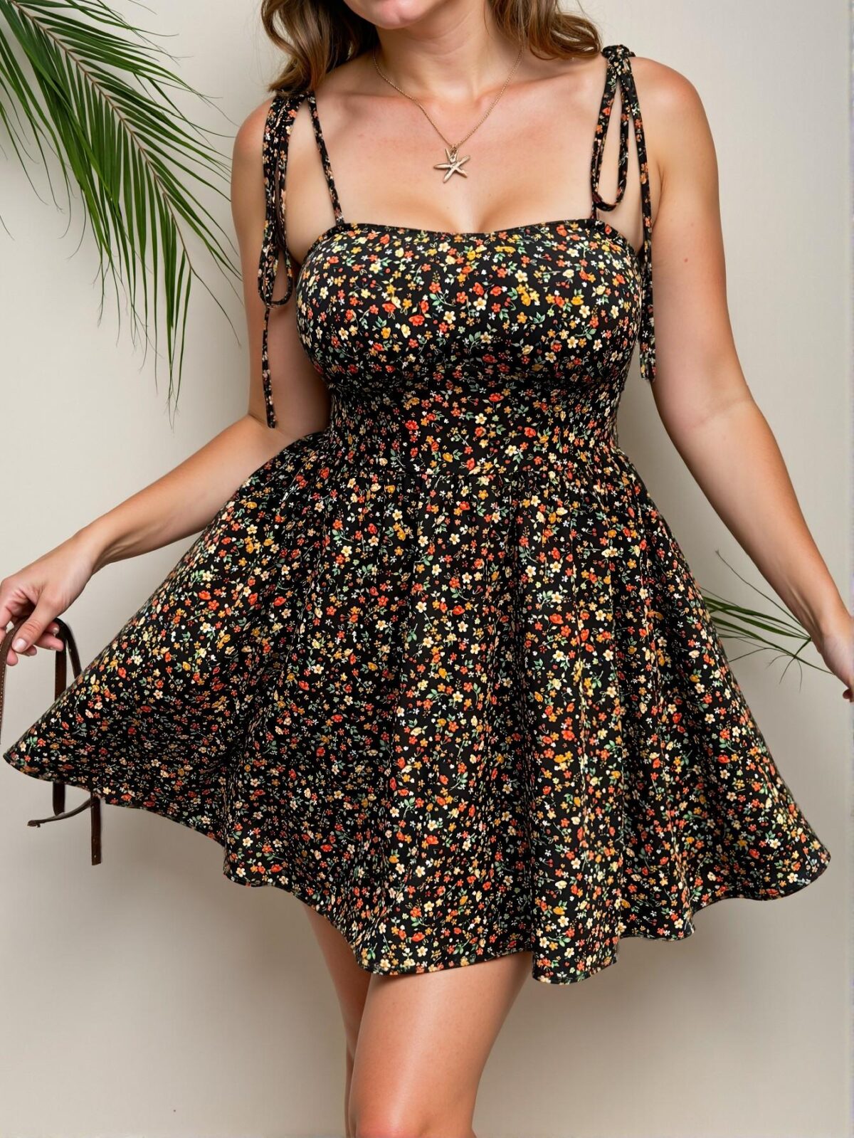 Elegant Black Flirty Floral Spaghetti Strap A-Line Mini Dress Perfect for Spring and Summer Chic, Classy and Trendy Fashion Style to Dress to Impress - Image 2