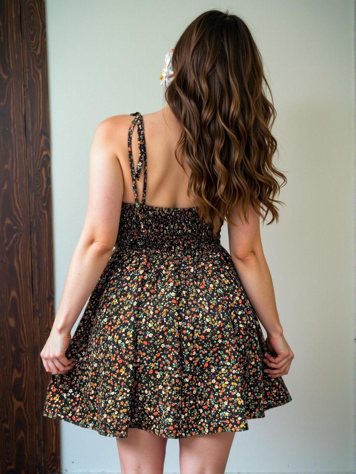 Elegant Black Flirty Floral Spaghetti Strap A-Line Mini Dress Perfect for Spring and Summer Chic, Classy and Trendy Fashion Style to Dress to Impress - Image 3