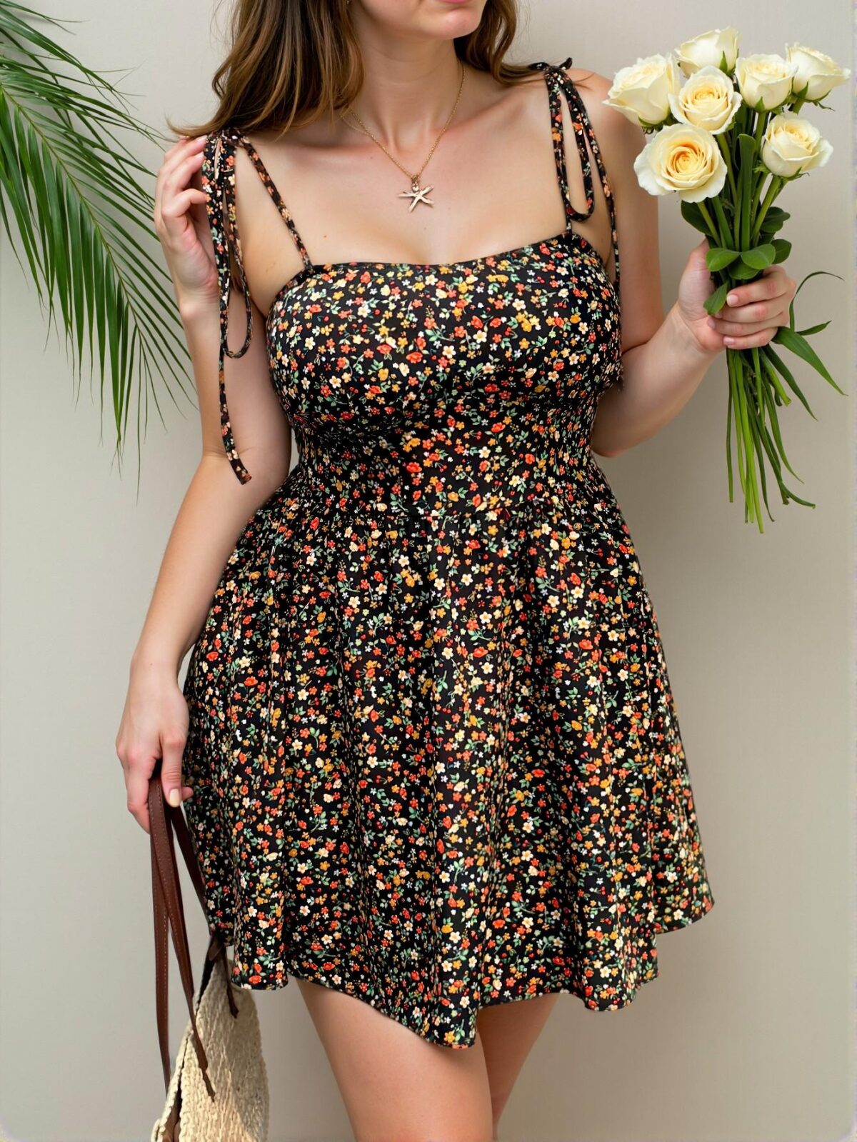 Elegant Black Flirty Floral Spaghetti Strap A-Line Mini Dress Perfect for Spring and Summer Chic, Classy and Trendy Fashion Style to Dress to Impress - Image 4