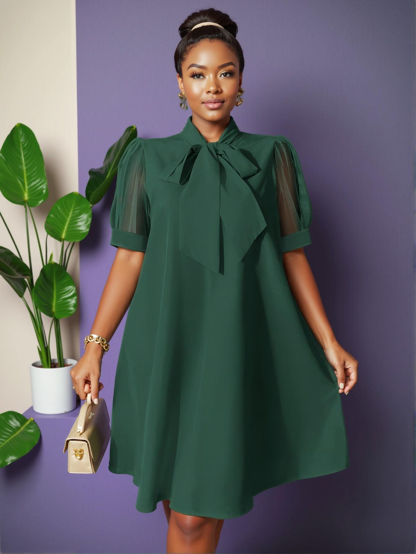 Elegant Dark Green Flared Tunic Dress with Mesh Patchwork and Bowknot for Spring/Summer - Chic, Classy, and Trendy Fashion Style to Dress to Impress