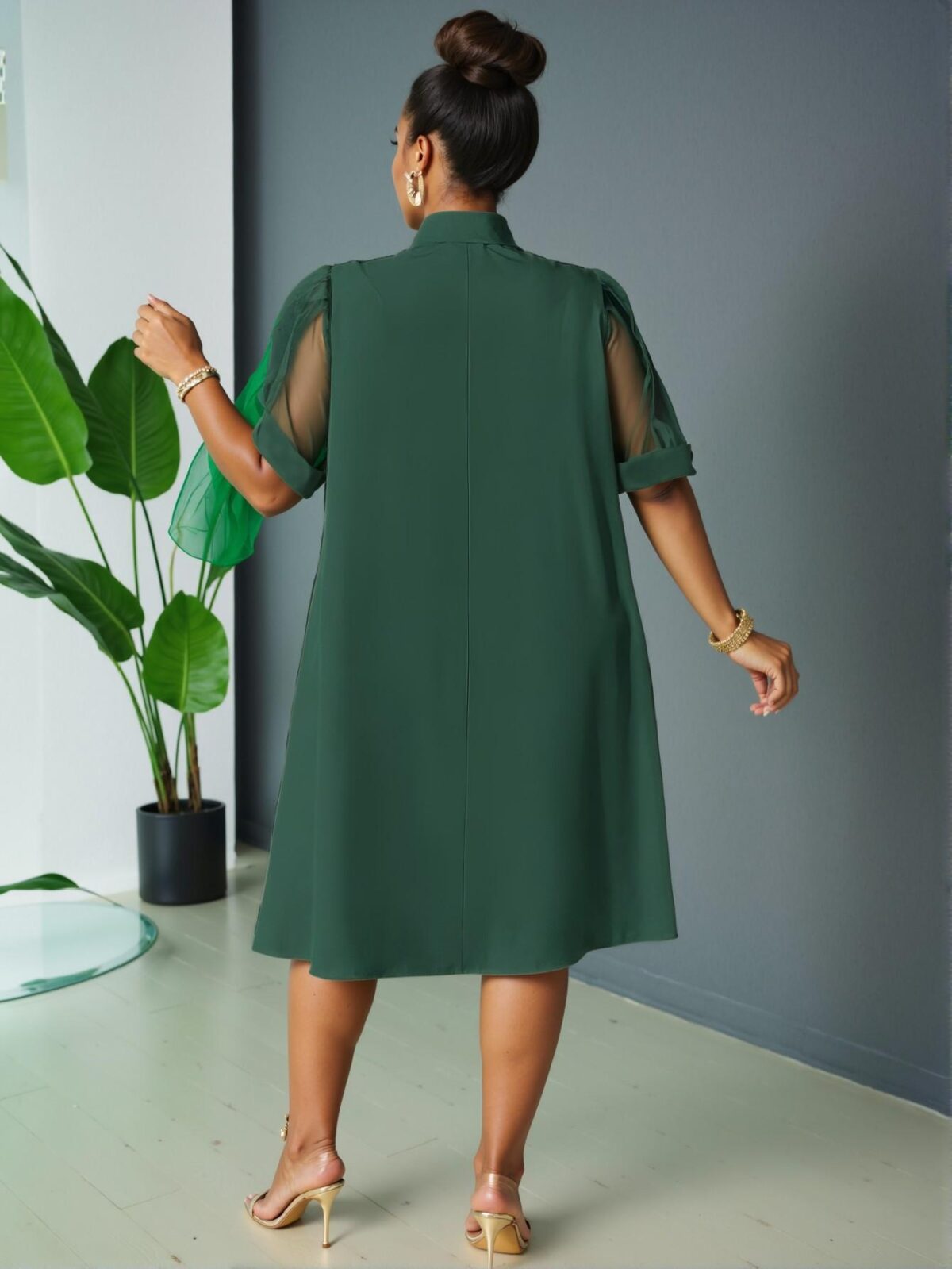 Elegant Dark Green Flared Tunic Dress with Mesh Patchwork and Bowknot for Spring/Summer - Chic, Classy, and Trendy Fashion Style to Dress to Impress - Image 2