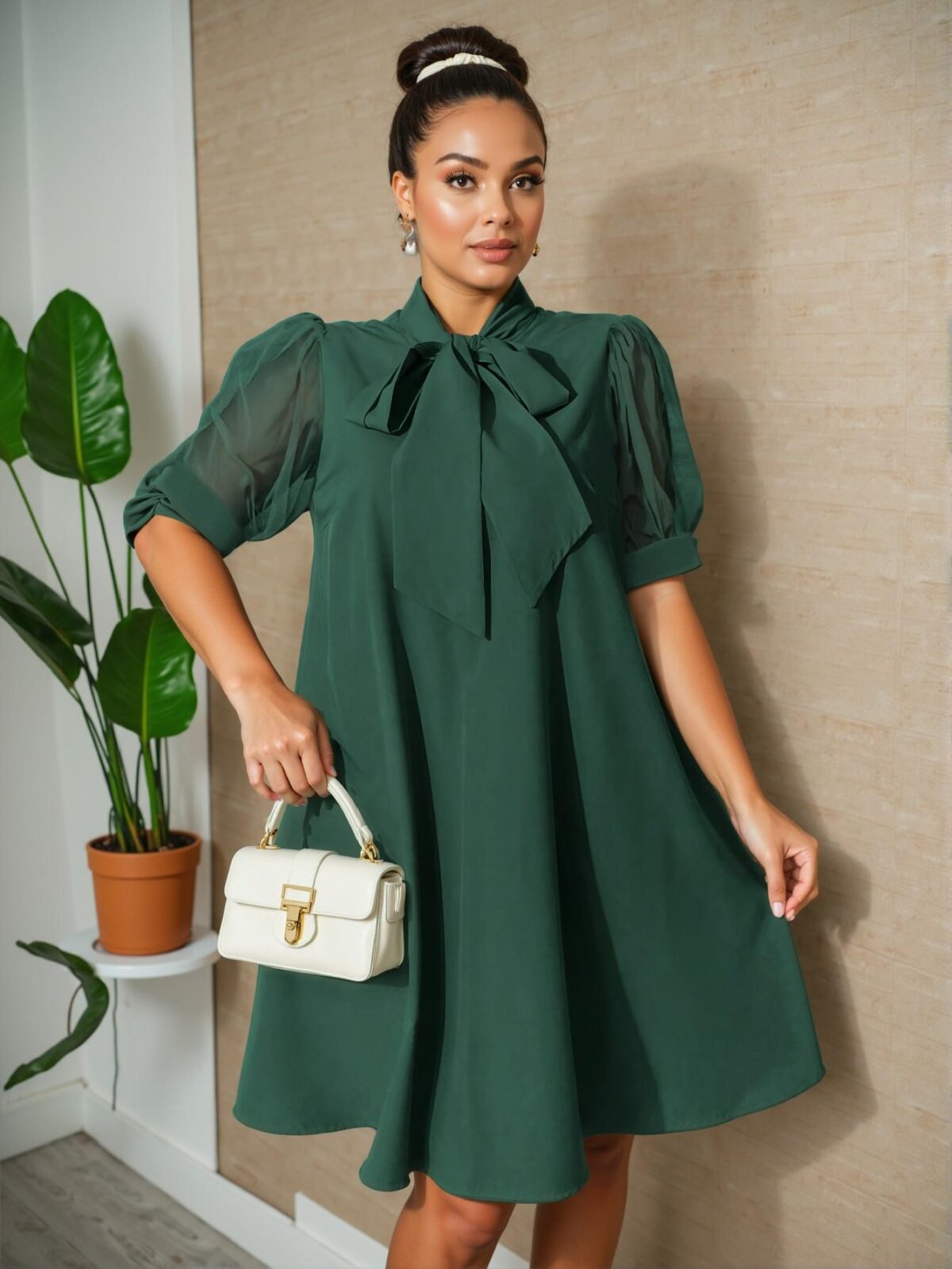 Elegant Dark Green Flared Tunic Dress with Mesh Patchwork and Bowknot for Spring/Summer - Chic, Classy, and Trendy Fashion Style to Dress to Impress - Image 3